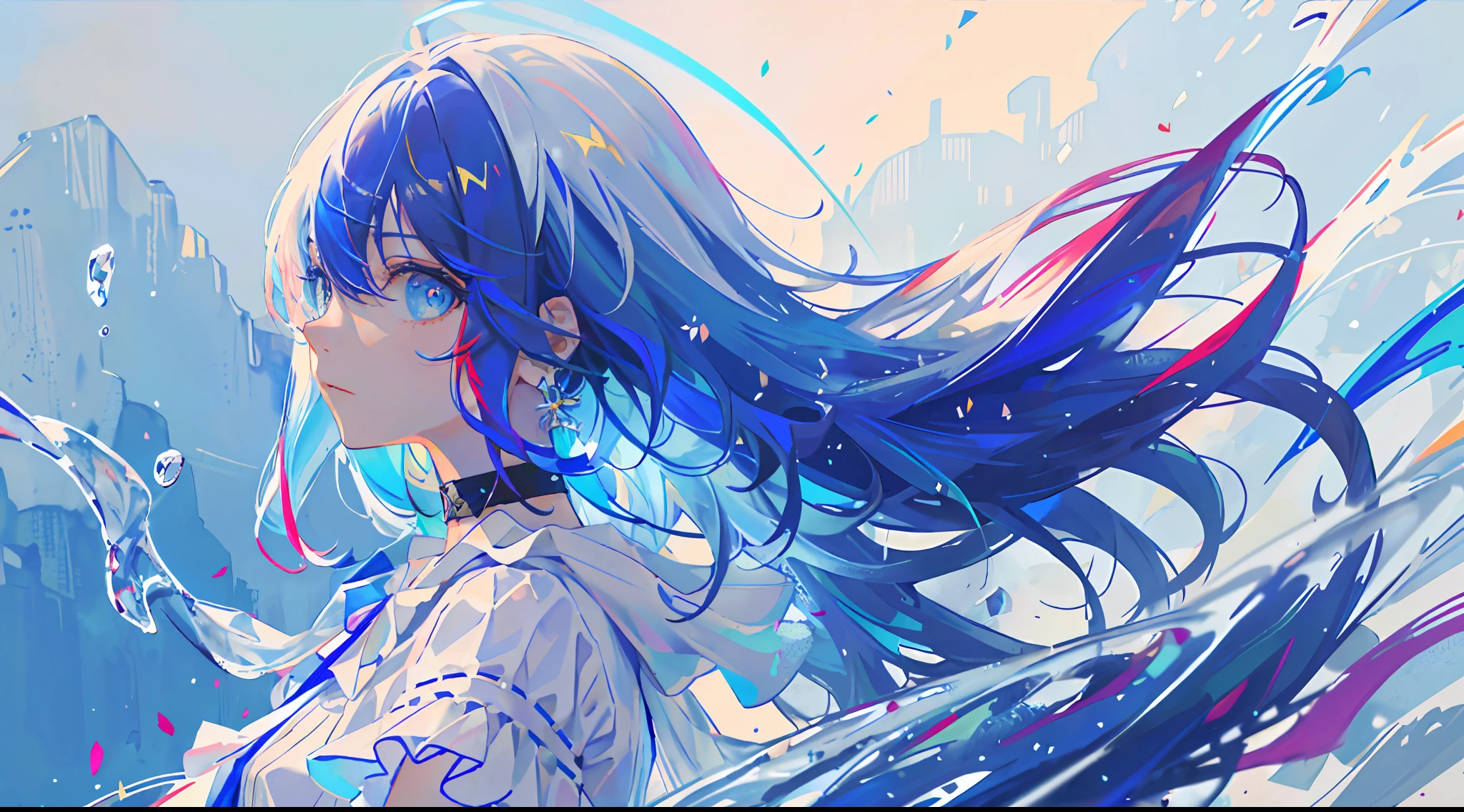 8k wallpaper, masterpiece,Cinematic Lighting, best quality,Illustration,dramatic angle, ((colorful:1.1)), ((colored inner hair:1.4)),
1girl, solo, long hair, water, blue eyes, choker, parted lips, white choker, liquid hair, white hair, bangs, from side, profile, upper body, blue hair, simple background, grey background, bare shoulders, portrait, looking at viewer, white dress, hair between eyes, multicolored hair, white background,earrings,