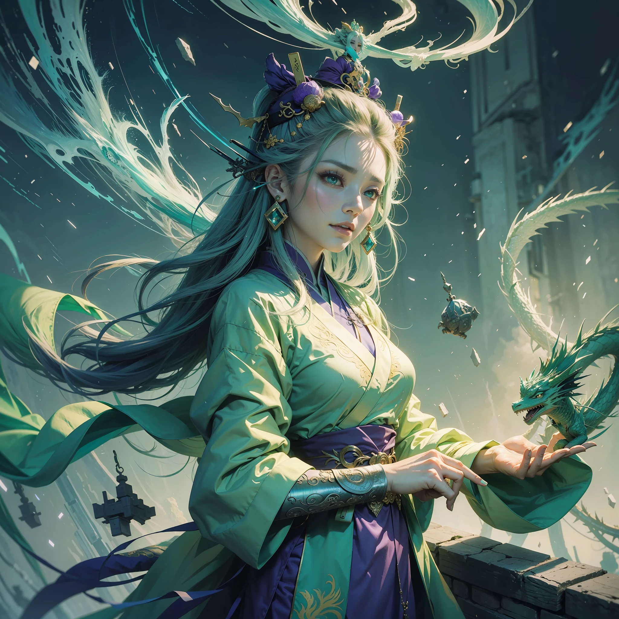 Chinese style, green dragon fairy, god, queen, gorgeous clothes, beautiful scaled coat, cyan robe, hanfu, snow mountain, purple thunder and lightning, electric surround, 32k --niji 5