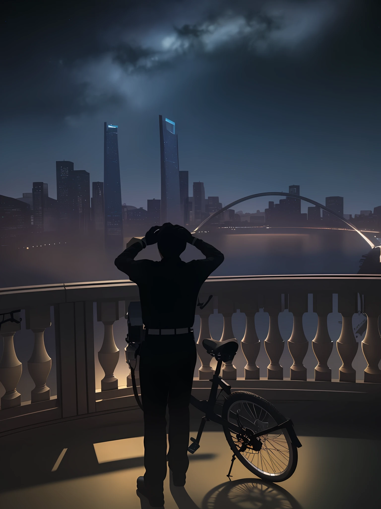 Masterpiece, best quality, (8k very detailed CG unit wallpaper) (best quality), (best illustration), (best shadows), Ultra realistic, high definition, very detailed, in the future world, a robot is looking at the starry sky with a mono scope, a floating bike is aside