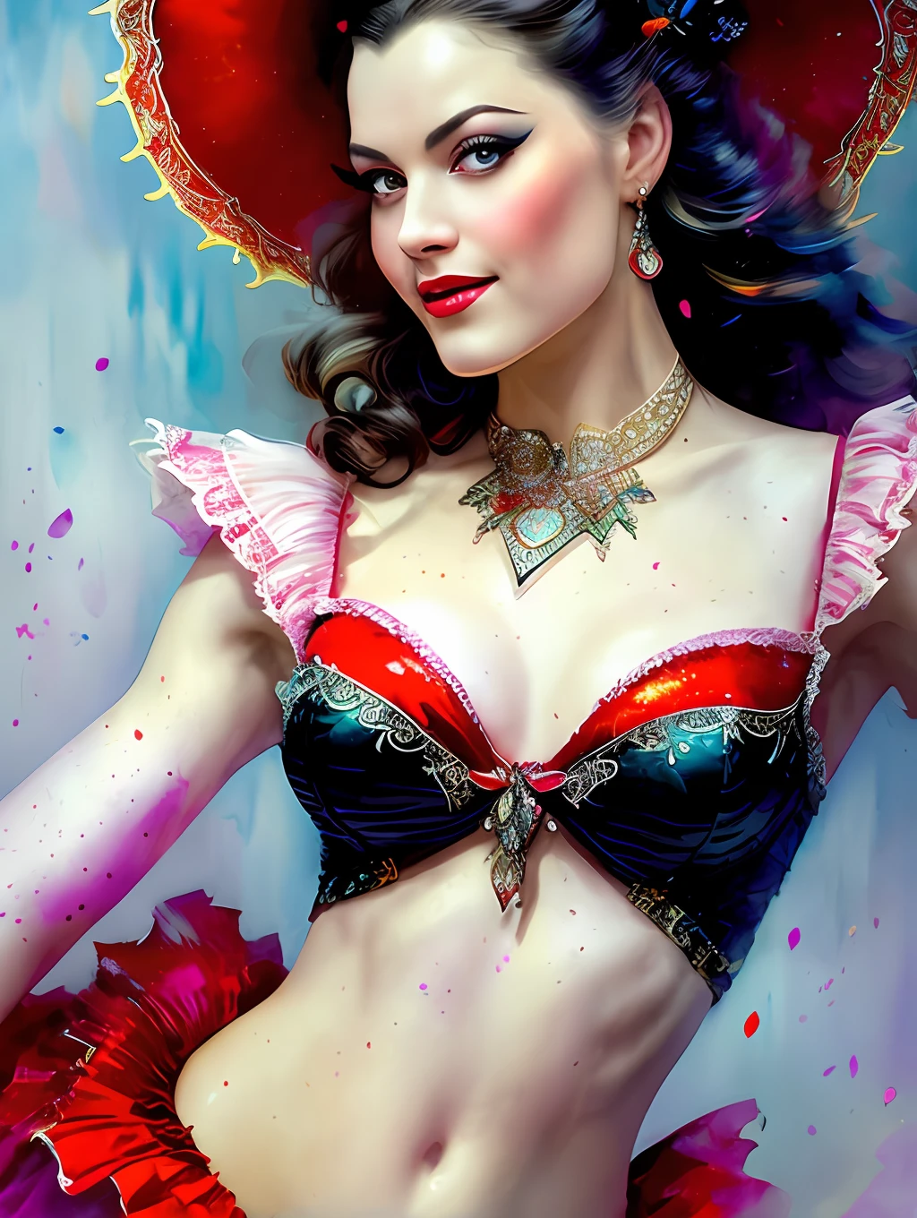 An exotic Moulin Rouge Cancan dancer, detailed and sharp focus on her face, ultra details, hi-res, portrait by Willem Haenraets, watercolor, wet on wet and splattering techniques, centered, perfect composition, abstraction, surrealism, trending on artstation, sharp focus, studio photo, intricate details, highly detailed, by Greg Rutkowski