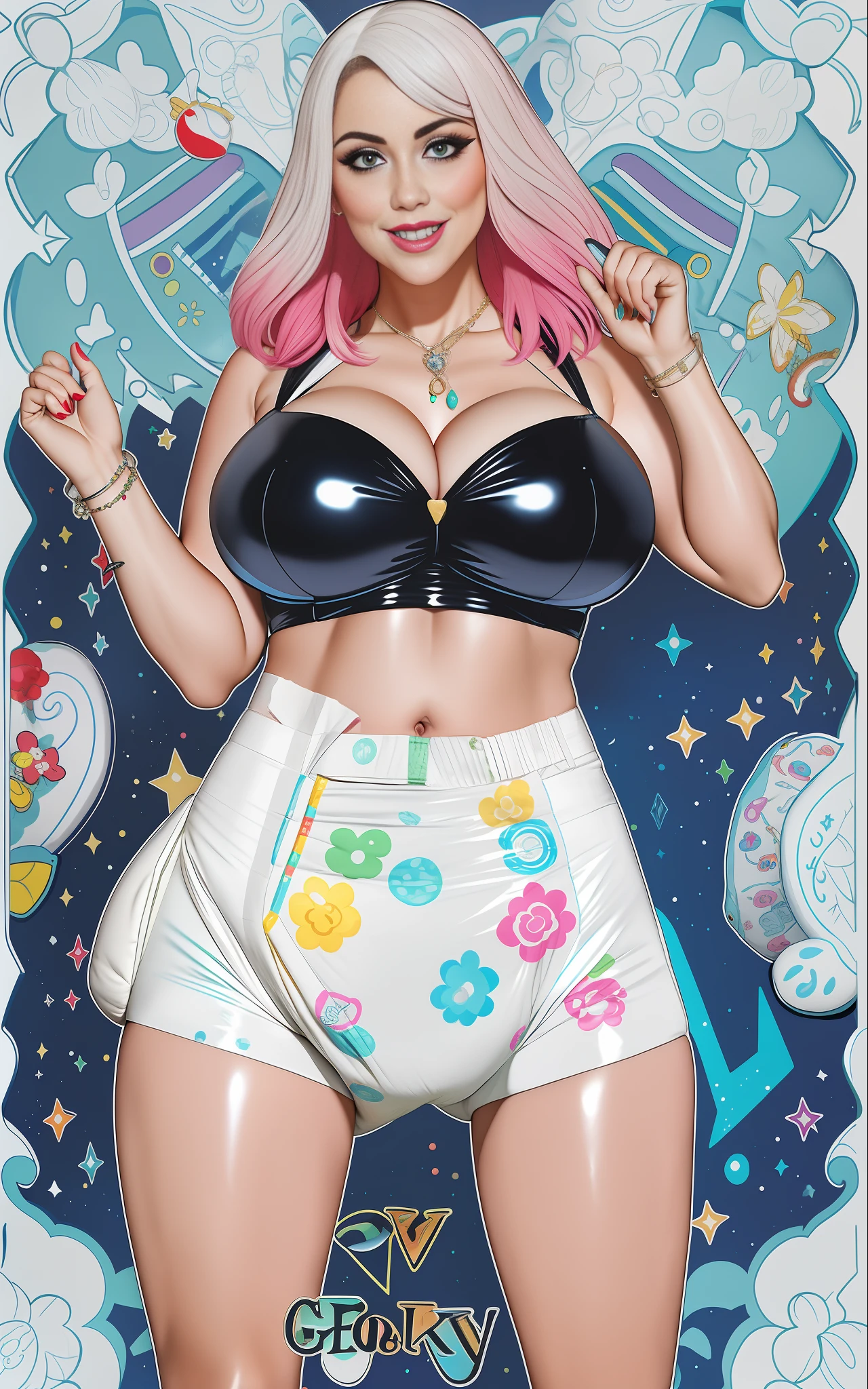 Sexy busty woman wearing (big diaper) magical, colorful, detailed, surprised, happpy, huge breasts, wide hips, seductive, ((mommydom)), bokeh, (latex), cleavage
