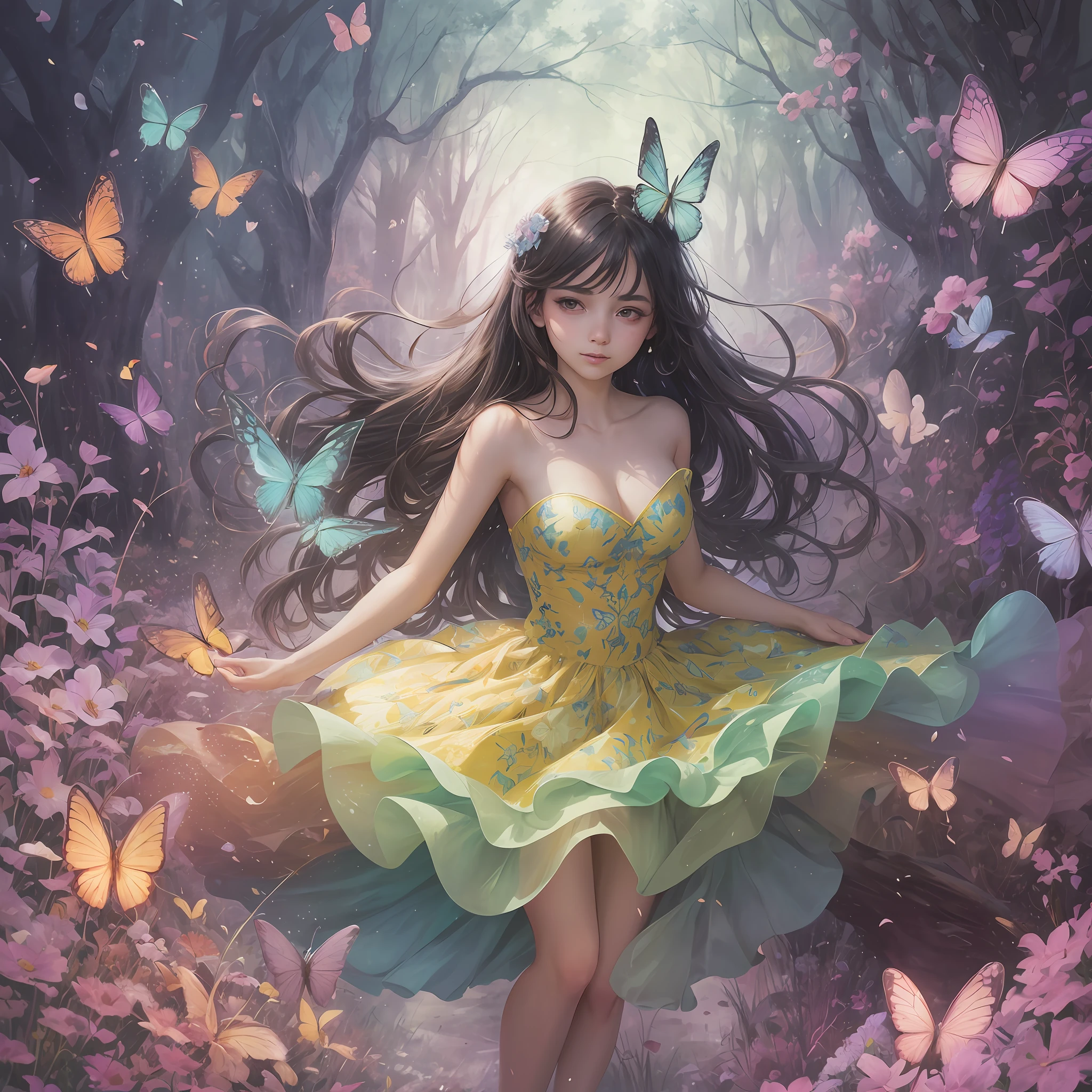 1girl, solo, full body, (masterpiece:1.21), (best quality:1.2), colorful, (illustration:1.2), (cinematic lighting:1.1), (bare shoulders:1.21), (collarbone:1.21) In this whimsical garden of fantasy, The scene is illuminated by a rainbow (colorful fireflies) dancing in the air. Soft (drizzle) adorns the garden, creating a hazy and ethereal atmosphere. In the center of the picture, there stands a single girl, an extremely delicate girl, with cute facial features and an innocent expression. Her long hair fluttered in the wind. She wears an ultra-low-cut strapless dress that accentuates her curves. The lighting is very delicate and beautiful, creating a soft and warm glow that highlights the surface of the water and makes it sparkle like a diamond. The best grass is also illuminated, creating a lush carpet. The garden is surrounded by colorful fields of flowers of all colors and shapes. You can see (colored butterflies) of various colors and sizes flying in the scene, adding to the overall sense of wonder and magic. (Officers), a flush can be seen on the bridge of the nose, and the mouth is slightly open, which adds to the overall sense of innocence and youth. Falling petals can be seen floating around her, adding to the overall romance and beauty. The gentle breeze, rustling leaves and swaying flowers add to the overall dynamism and vitality. It is a scene of pure wonder and magic, full of color and beauty, and viewers can lose themselves in this fascinating and fascinating world. --auto --s2