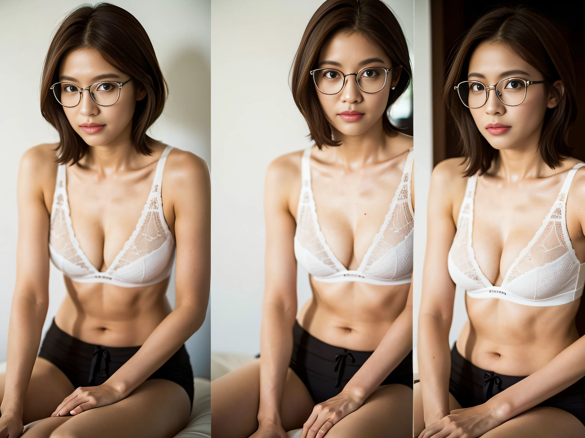 Dark brown hair, light brown eyes, adult woman, face about 40 years old, (complex details: 1.2), (highest quality: 1.4), (ultra high resolution: 1.2), ultra high resolution, (detailed eyes), (detailed facial features), HDR, 8k resolution, bathroom, thin sheer underwear, moderately sized breasts, thin sheer bra, thin sheer bikini shorts, knees smooth, short hair, short hair, wearing rimless glasses,