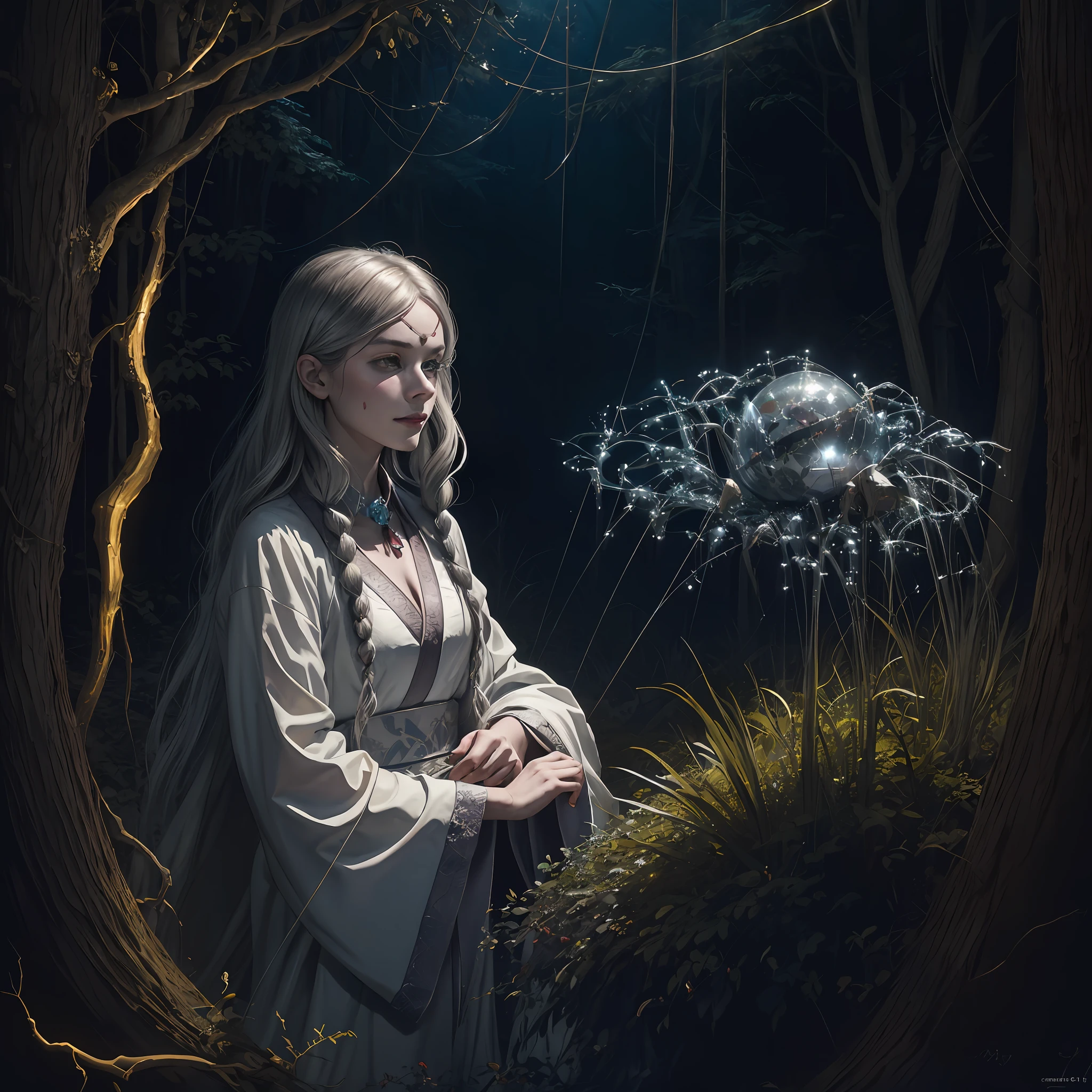 Masterpiece, best quality, MTSpider V4, (((1 young innocent boy)), HDR, very detailed eyes and face, goth, solo, white skin, long hair, beads, japanese clothes, white kimono, silk, stone, forest, northern lights, spider silk, (glowing metal objects hovering in the air and encircling him: 1.2), (arcs and sparks: 1.2), (energy flow: 1.2), (translucent magnetic field lines: 1.2), (gold, silver gray and shimmering light effects: 1.2), horror art, fear, unified 8k wallpapers, ultra-detailed, beautiful and aesthetic, masterpiece, the best quality, deep and rich black shadows, mother earth, smiles, enchanting whimsical fantasy forest background, happiness, enchanting atmosphere, very detailed, dynamic angles, cowboyshot, most beautiful chaotic forms, elegance, fauvist design, bright colors, romanticism, by James Jean, Robbie Devi Antonio, Ross Tran, Francis Bacon, Michal Mlaz, Adrian Ganey, Petra Corright, Gerhard Richter, Takashi Yamamoto, Ashley Wood, Atmospheric