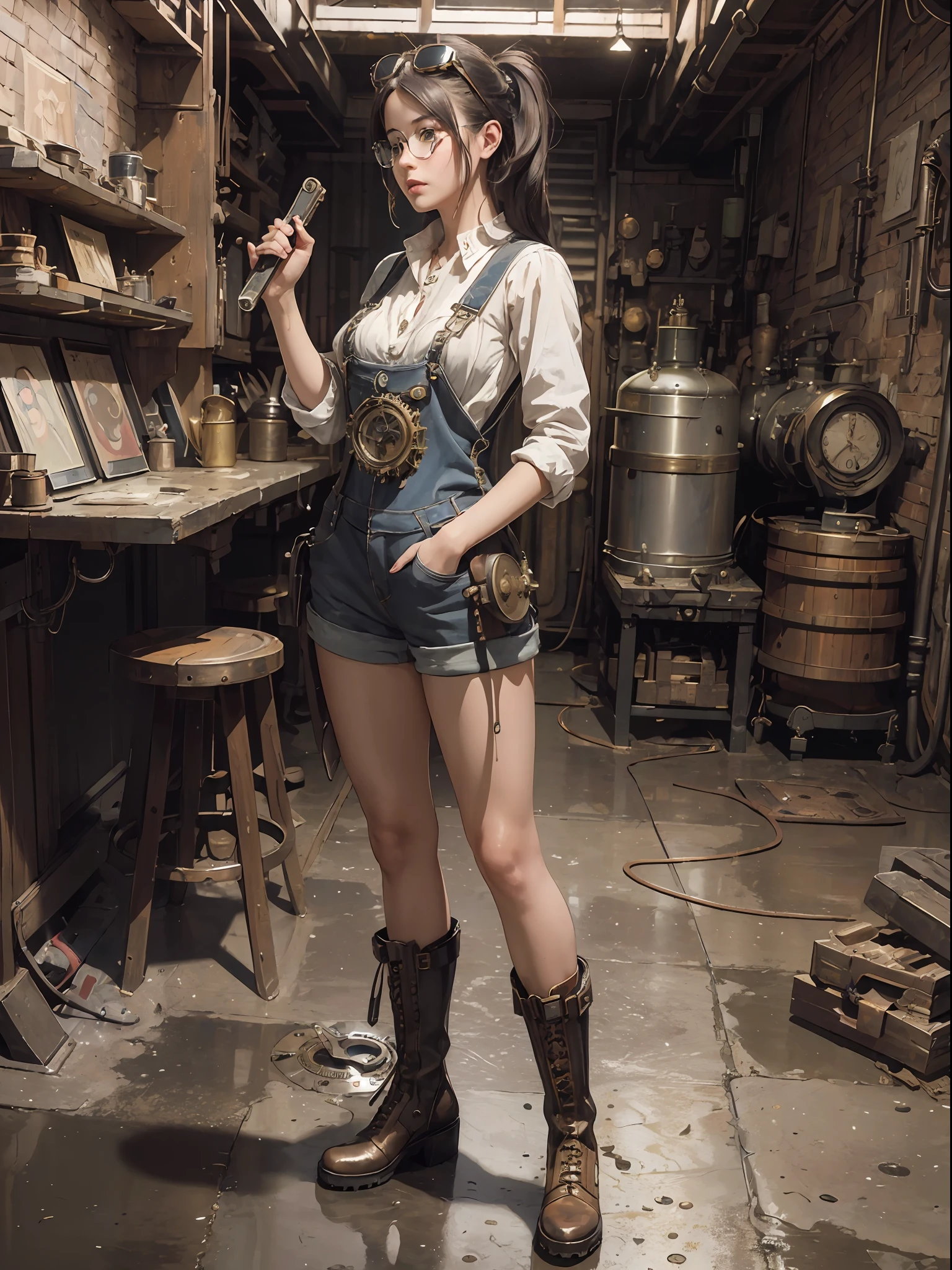 (Best quality, 4k, Masterpiece :1.3), 1girl, (steampunk), scenery, steampunk room engine, repairing engine, gears, cogs, steam, boots, overalls, goggles, dirty face, standing, machinery, oil on floor, dirty floor