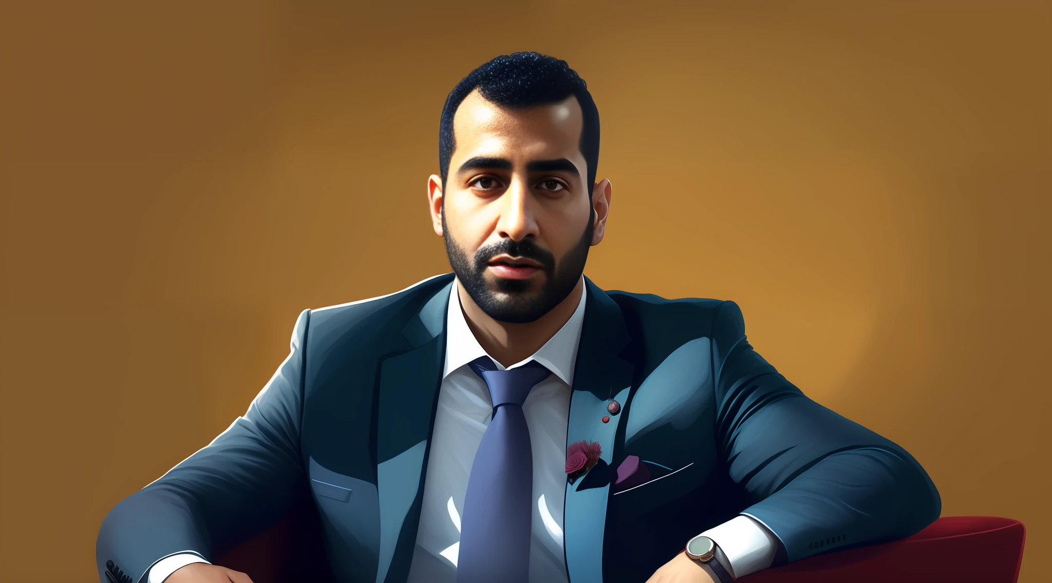 arafed man in a suit and tie sitting in a chair, handsome man, hicham habchi, high quality portrait, handsome and elegant, yan morala, inspired by Ahmed Karahisari, amazing art, profile portrait, ahmad merheb, sam nassour, amr elshamy, digital painting highly detailed, high quality digital painting