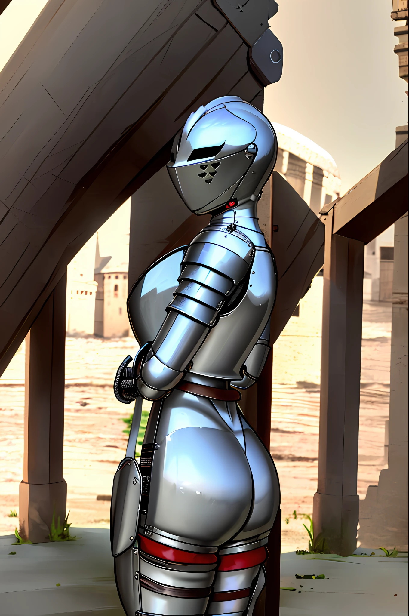 kardia, 1girl, solo, standing, armor, helmet, faceless, knight, visor \(armor\), plume, heart, breastplate, castle, medieval, thigh strap, ((hip armor, chainmail, armored dress, full armor, tabard)), facing viewer, looking at viewer, from behind, huge ass