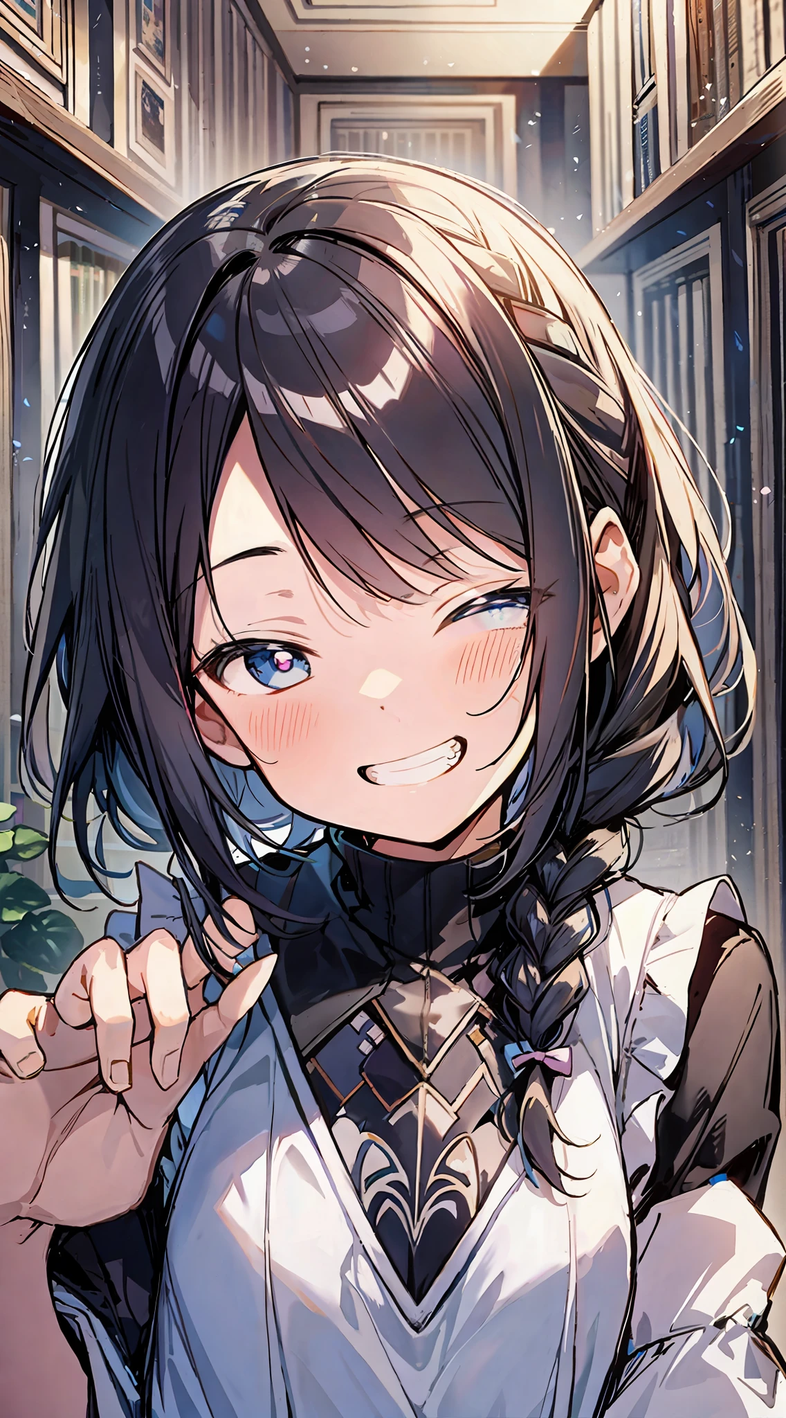 anime girl with long hair and blue eyes in a library, anime visual of a cute girl, detailed portrait of anime girl, [[[[grinning evily]]]], cunning smile, joyful smirk, beautiful anime portrait, cute anime girl portrait, hana yata, friedly smile, official art, close up of a young anime girl