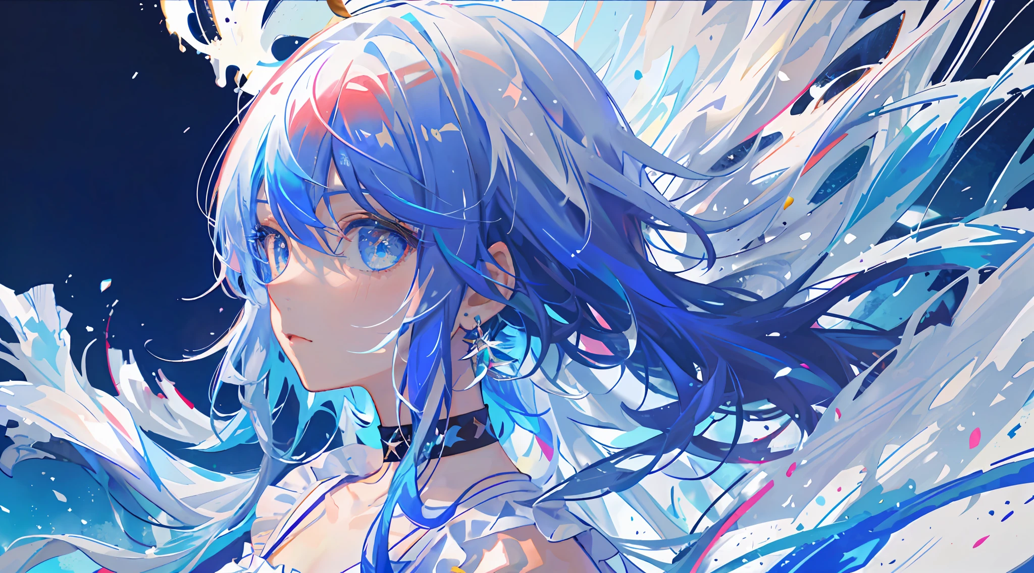 8k wallpaper, masterpiece,Cinematic Lighting, best quality,Illustration,dramatic angle, ((colorful:1.1)), ((colored inner hair:1.4)),
1girl, solo, long hair, water, blue eyes, choker, parted lips, white choker, liquid hair, white hair, bangs, from side, profile, upper body, blue hair, simple background, grey background, bare shoulders, portrait, looking at viewer, white dress, hair between eyes, multicolored hair, white background,earrings,