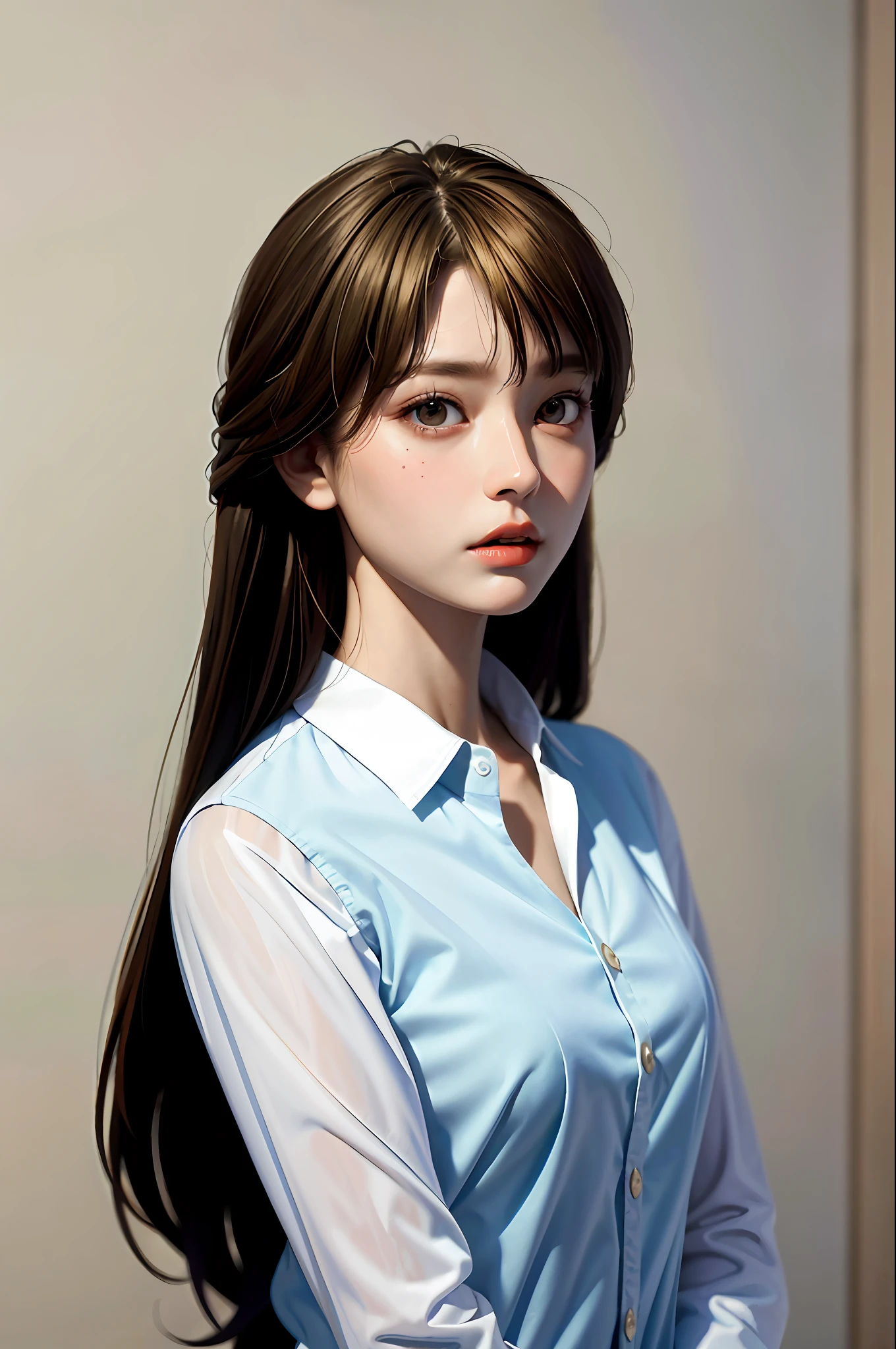 masterpiece, best quality, (dark photo: 1.3), photorealistic, 1girl, flat fringe, stunning innocent symmetry face, shirt, emotional, blonde, ulzzang, (PureErosFace_V1:0.7)