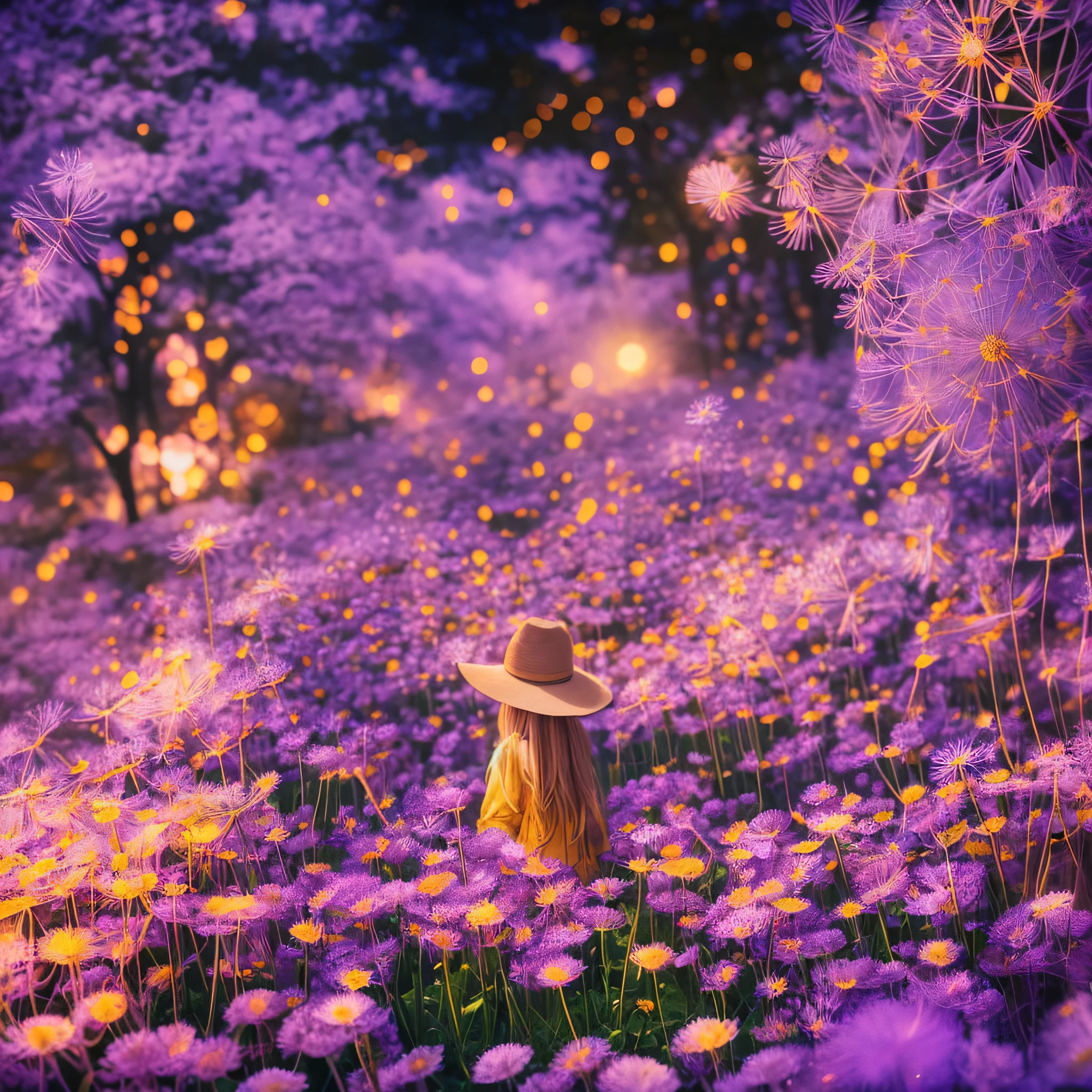 expansive landscape photograph , (a view from the top that shows the garden of flowers, dandelions), a girl standing on flower field looking up holding her hat, (daylight:1.2), ( haze:0.4), tree BREAK production art, (warm light source:1.2), lamp, lot of purple and orange, intricate details, volumetric lighting, realism BREAK (masterpiece:1.2), (best quality), 4k, ultra-detailed, (dynamic composition:1.4), highly detailed, colorful details,( iridescent colors:1.2), (glowing lighting, atmospheric lighting), dreamy, magical, (solo:1.2)(bokeh:1.2) (close-up:1.2) (freckles:1.3) --auto --s2
