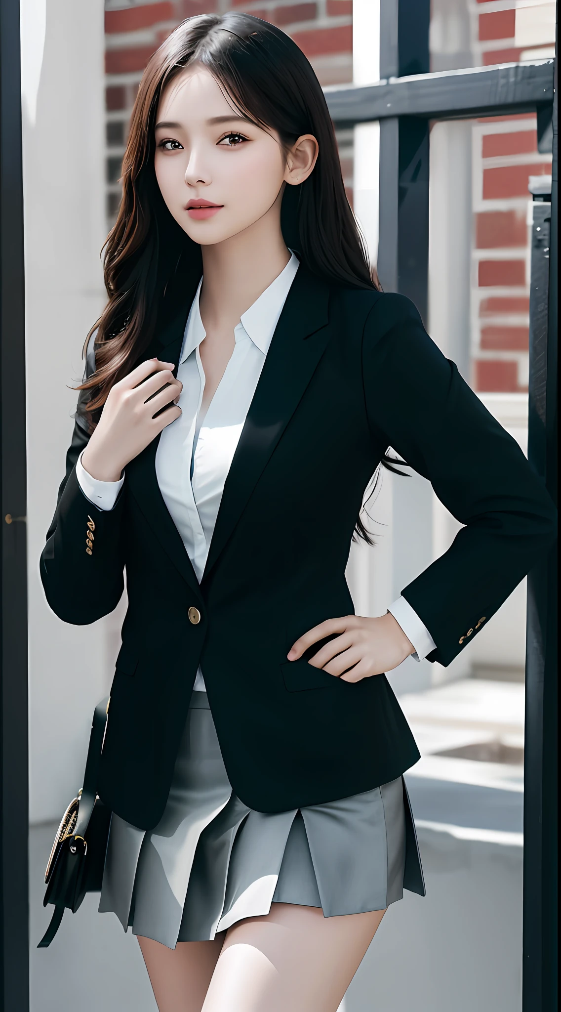 Top Quality, Masterpiece, 1 Girl, Beautiful Face, (Photorealistic Picture:1.3), Rim Lighting, (High Detail Skin:1.2), 8K UHD, DSLR, High Quality, High Resolution, 4K, 8K, Absurdity, Best Ratio Four Fingers and One Thumb, (Real:1.3), Cute One Girl, Wearing Black Formal Blazer, Midchest, Short Skirt,Background Office,Bokeh