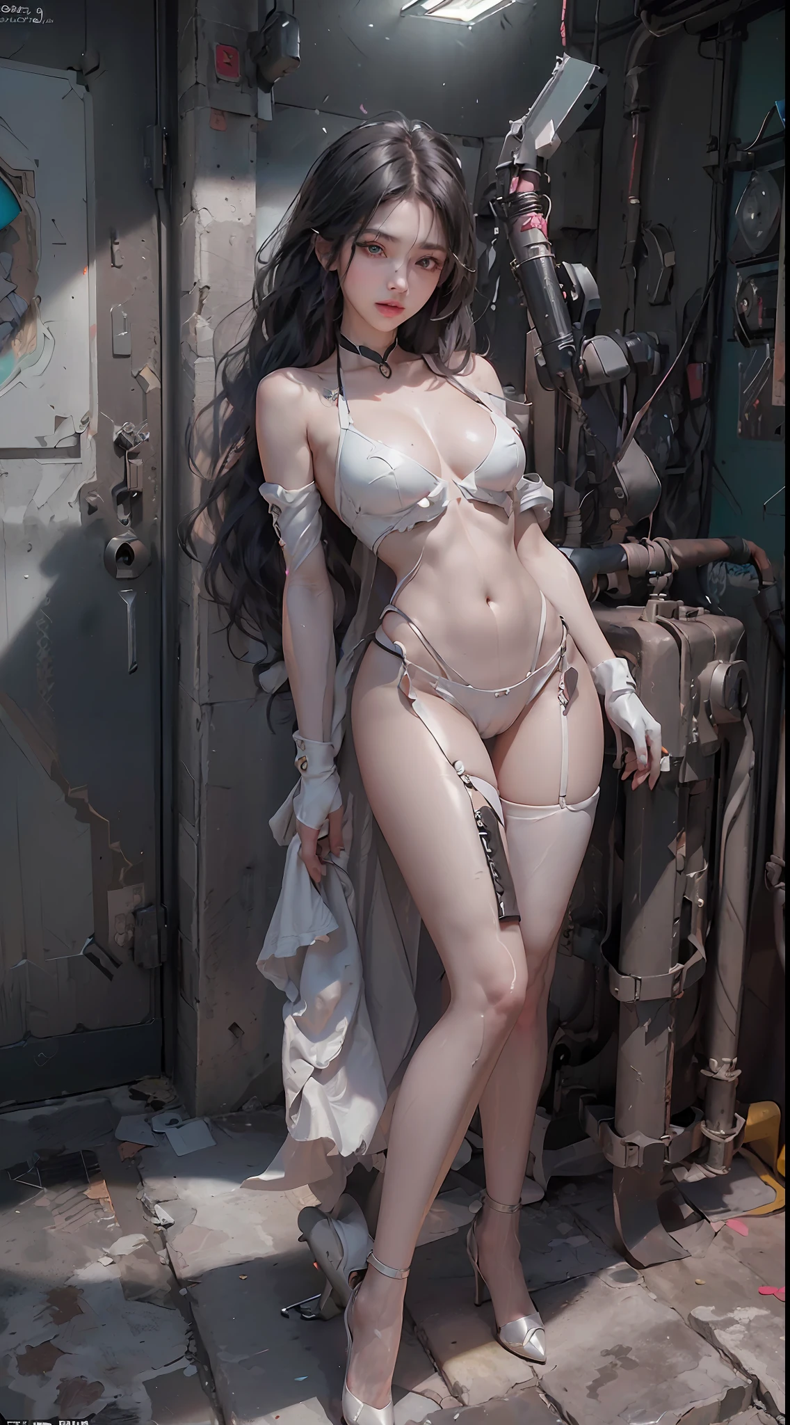 (Best Quality), ((Masterpiece), (Detail: 1.4), 3D, A Beautiful Cyberpunk Woman, HDR (High Dynamic Range), Ray Tracing, NVIDIA RTX, Super-Resolution, Unreal 5, Subsurface Scattering, PBR Textures, Post-Processing, Anisotropic Filtering, Depth of Field, Maximum Sharpness and Clarity, Multi-layer Textures, Albedo and Highlight Maps, Surface Shading, Accurate simulation of light-material interactions, perfect proportions, Octane Render, two-color light, large aperture, low ISO, white balance, rule of thirds, 8K RAW, realistic, (dignified fluff, perfect proportions, bright eyes, light makeup, big black eyes, pink and moist lips), white hair, big black eyes, cold storage, sharp eyes, flowers, (masterpiece, realistic, high resolution), ((1 girl): 1.2), ((white wavy long hair): 1.3), (metallic bikini mechanical exoskeleton armor, cleavage, navel, stockings, mechanical high-heeled combat boots), ((big breasts): 1.5, thin waist: 1.2, strangled thighs: 1.3, fair and moist skin)