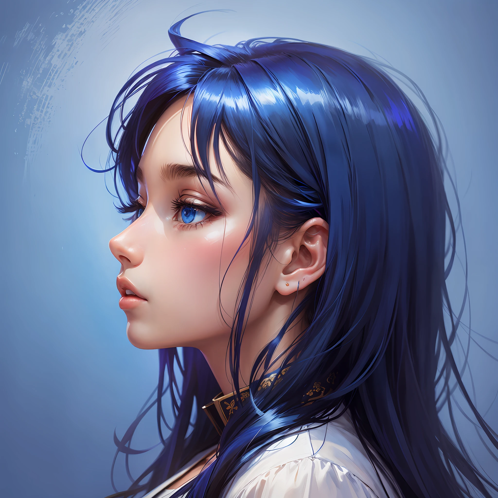asterpiece, best quality, 1girl, profile face, stunning face, blue background, blurry, --auto --s2