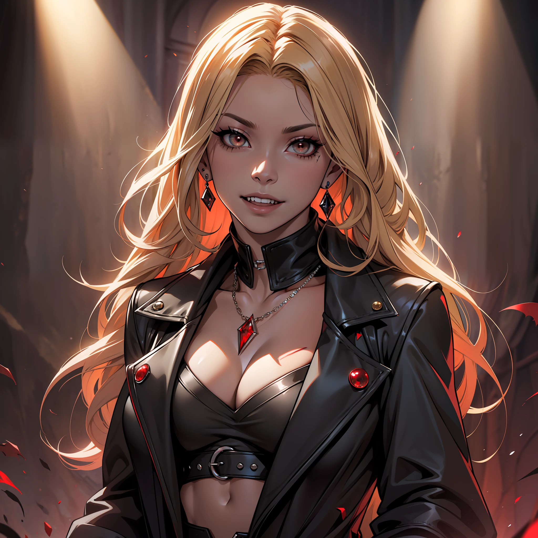 (extremely detailed 8k wallpaper), dark theme, Vampire the Masquerade, modern horror, 2020s, beautiful adult woman, wearing red rock rupas, expensive jewelry, sharp focus, (subsurface scattering:1.1), award-winning photography, centered face, face of singer Shakira, ((a Toreador vampire)), half-body photo:1.1, long blonde hair, supernatural brown eyes:1.2, gorgeous smile, in front of the show stage,  Dramatic lighting, SFW
