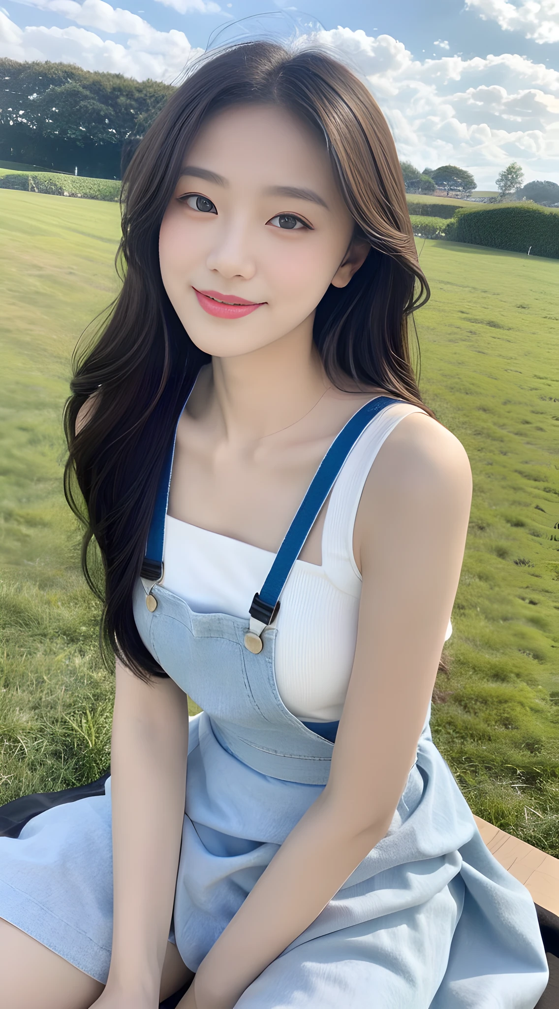 A beautiful and cute girl, full body photo, extremely beautiful and delicate, black hair, sweet smile, delicate beautiful fair skin, realistic and realistic, exquisite and complete facial features, detailed facial portrayal, high nose bridge, flowing smooth hair, extremely delicate hair, soft temperament, face light, tall, thin, real, hyper-real, full-body lens, forward tilt angle, ultimate picture quality, highest precision, accurate and perfect human body structure. Blue sky and white clouds, sitting on the grassland, blue sky and white clouds, sunlight, cows and sheep, (suspenders, long skirts) panties are clearly visible