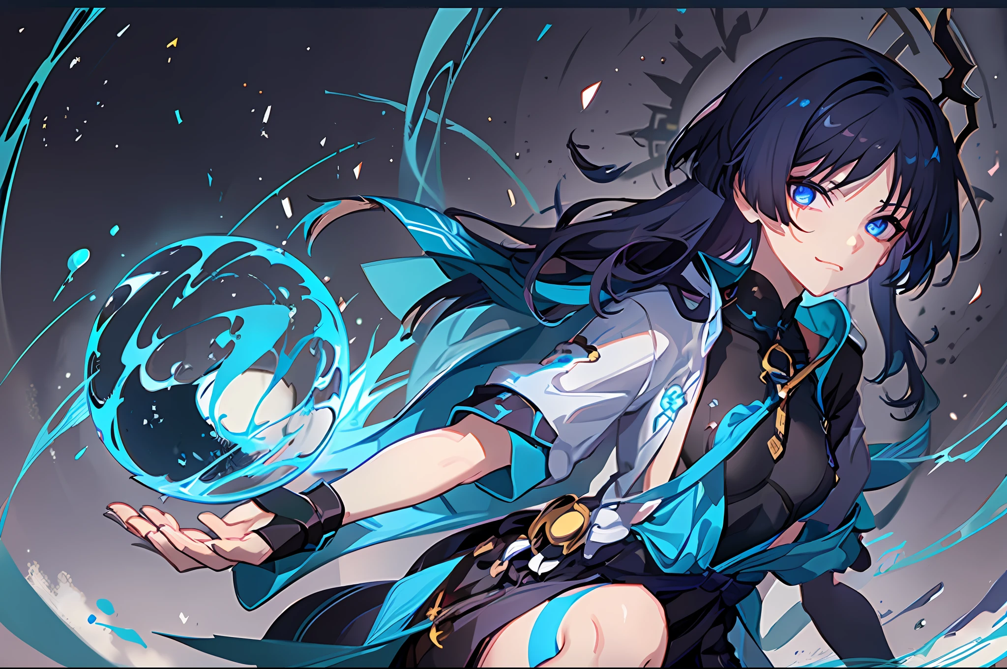 (1girl), wanderer, (female), solo, dark blue hair, dark blue eyes, white open tunic, (small breasts), shorts, sharp eyes, smirk, cocky, condescending, levitating, looking down, above ground, wind sphere on hands