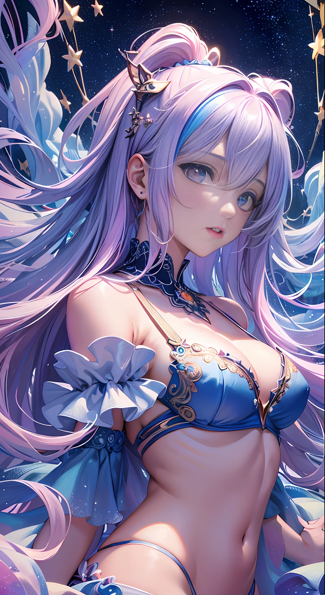 (masterpiece, top quality, best quality,watercolor )(medium),(official art, beautiful and aesthetic:1.2),(1girl:1.3), (fractal art:1.3),((masterpiece, best quality)), 1girl, (mature female:1.4), 130mm f1.4 lens, 1girl, solo, heart-shaped pupils, microdress, from above,saturated, colorful,,SLE, mksks-style,(best quality, masterpiece, best illustration),(detailed retina),(ultra-detailed:1.2)),(best illumination, best shadow, an extremely delicate and beautiful),(extremely detailed CG unity 8k wallpaper,masterpiece, best quality, ultra-detailed),(best illumination, best shadow, an extremely delicate and beautiful),(perfect body: 1.5),SeaArt Bot Upscaling 14:56:13 (masterpiece, top quality, best quality,watercolor )(medium),official art, beautiful and aesthetic:1.2),(1girl:1.3), (fractal art:1.3),upper body, from side, looking at viewer,patterns,(rainbow color Hair,colorful hair,half blue and half pink hair:1.2),water,liquid, cloud,colorful, starry,stars,close-up, big eyes, eyes, complex eyes, unique pupils, unusual pupils,starry sky, stars in the background, shining halo,((ultra detail retina:1.5)),embarassed, (midriff),((ultra detail eyes:1.5)),((extremely detailed CG unity 8k wallpaper,masterpiece, best quality)), ((ultra-detailed:1.2)),(best illumination, best shadow, an extremely delicate and beautiful),(extremely detailed CG unity 8k wallpaper,masterpiece, best quality, ultra-detailed),(best illumination, best shadow, an extremely delicate and beautiful),(perfect body: 1.5)