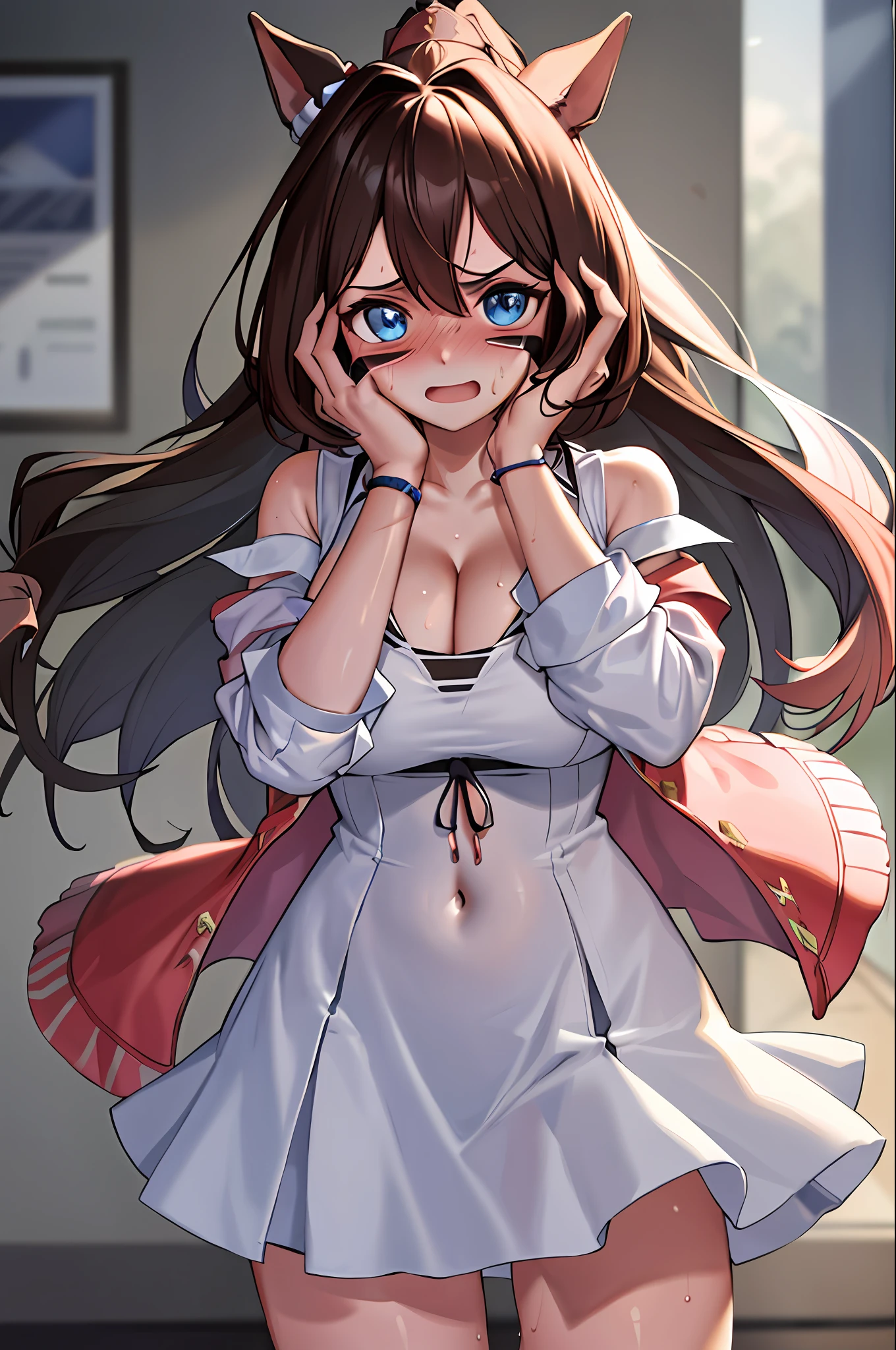 Masterpiece, 1 girl, solo, light smile, big, lower breasts, cleavage, heart pupils, opening, long hair, super long hair, forest, (hand to mouth: 1.3), hands on one's face, one girl, crotch, big, navel, nude, (masterpiece, top quality), horizontal lightning, fine and beautiful eyes, angry face, madness, open mouth, scream, rough-faced, blush, sweat, mask, 1 girl, big, indoors, bedroom, hands on chest, mask, big, whip