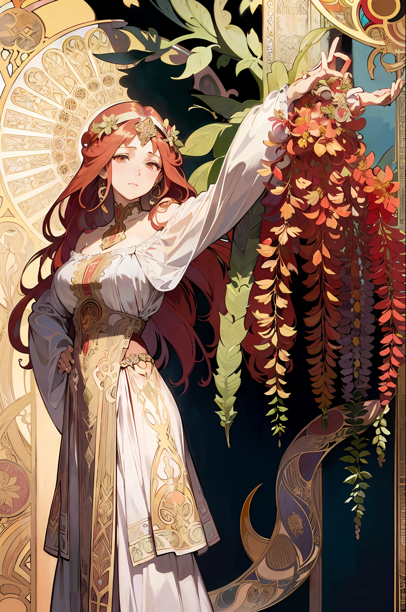 (Alphonse Mucha: 1.4), Portrait of a European Beauty, Long Curly Hair, Red Hair Flower Ornamentation, (Detail + Intricate Detail: 1.2), 4K, Abstract Art, Line Art, Side Face, Colorful, Fibonacci