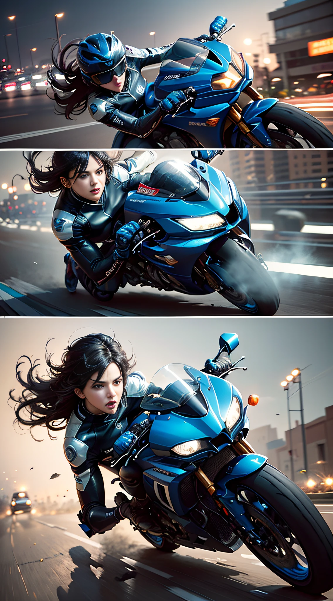 [Illustration] comic page, one page has four panels: woman racing crazy on the street (close-up, low tracking,), fall injury, motorcycle rolling, smoke and dust, lights full of light (horizontal motion blur) - [Continuous shooting] in the style of Andreas Rocha, cobalt blue and reflective silver, motion picture film P30, asymmetrical oblique composition