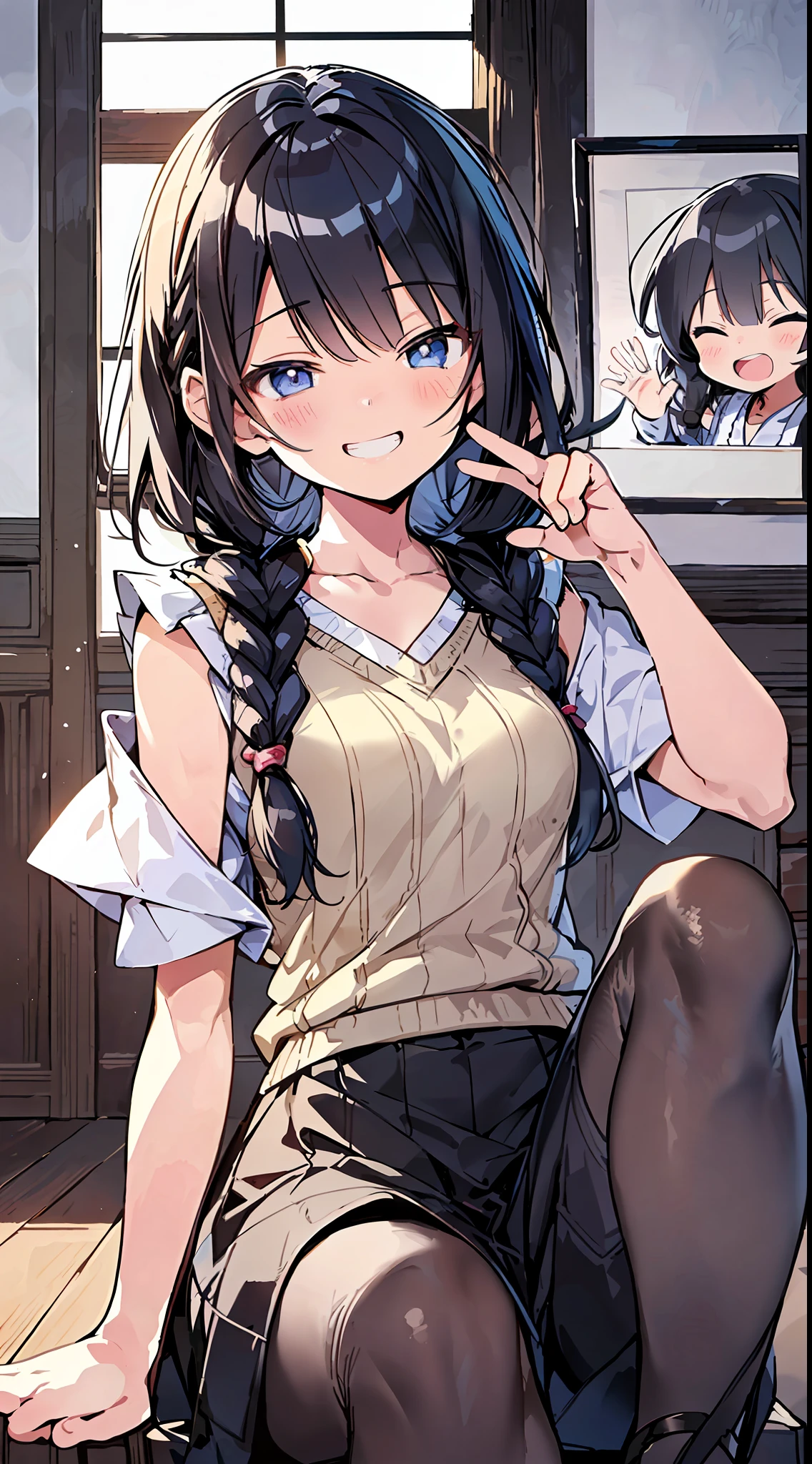 Top Quality, Best Masterpiece, Ultra High Definition, 8K, White Sweater Vest, Anime Style li, Single, Ultra Detailed Line Art, Digital Enhancement, Anime Core, Flowing Fabric, Close Up, ((Hair length to shoulder and short braid)), staring at us from the front, Soft drawing, Beautiful black hair, (((Little gianime style)), Crisp eyes, grin, teeth, wide mouth, closed eyes, highfive, ultra-detailed digital anime art, clear face depictions, ultra-detailed anime character art, ultra-detailed manga style, top quality colors, hand gestures, foot-up angles, indoors