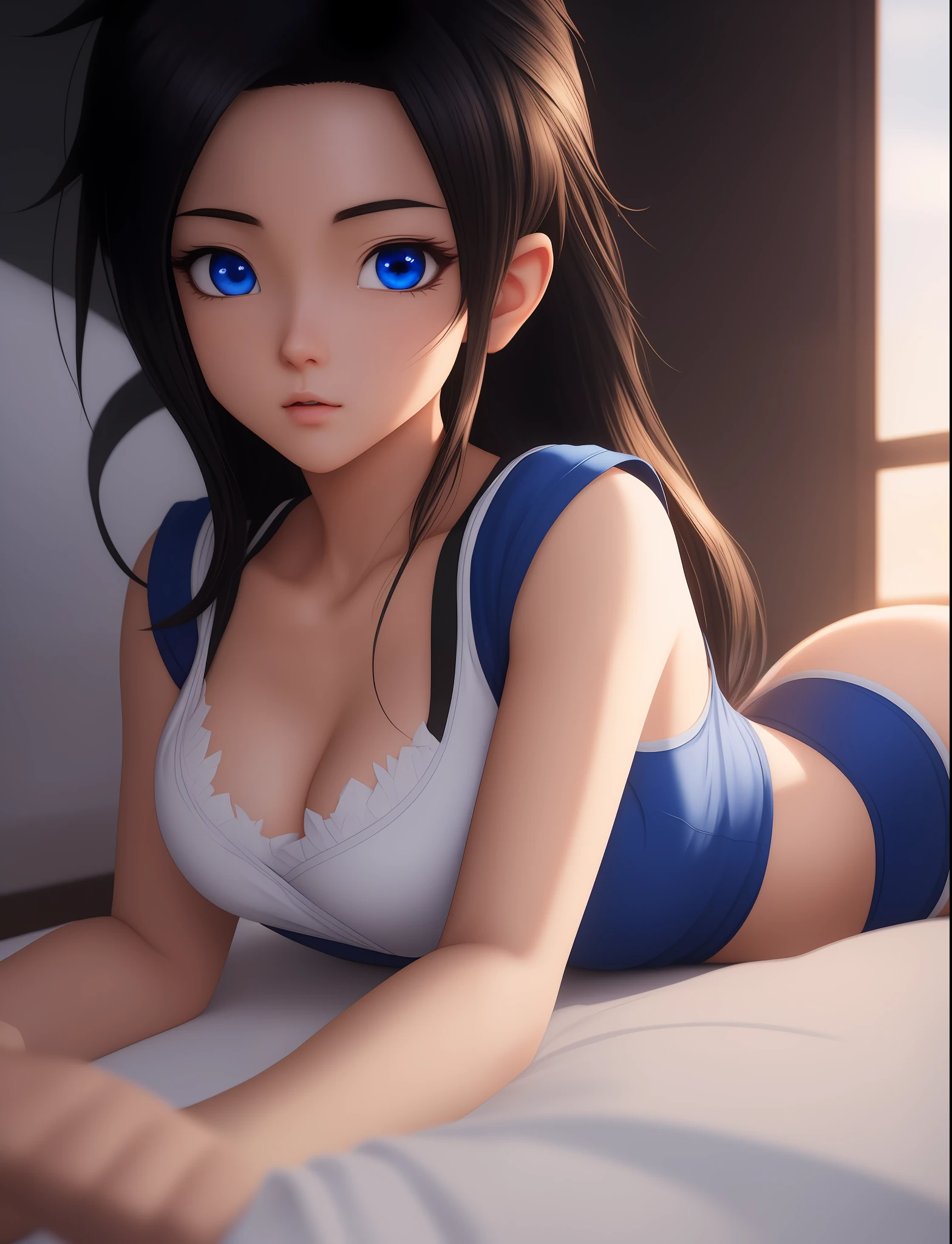 prepubescent, beautifully, full body,, Waifu anime girl Videl (Dragon Ball Z), Beautiful blue eyes, Uncensored Lingeri, white skin, black hair, lying down, Beautiful Eyes, Ultra Detailed, 8k Resolution, Unreal Engine 5, Cinematic Lighting, Cinematic Background, Ecchi, pixiv, Ultra High Quality, Anime key Visual, Master Piece, Amazing 3D Art, painted by Limgae from sankakuchan, dynamic lighting, soft light, romantic environment