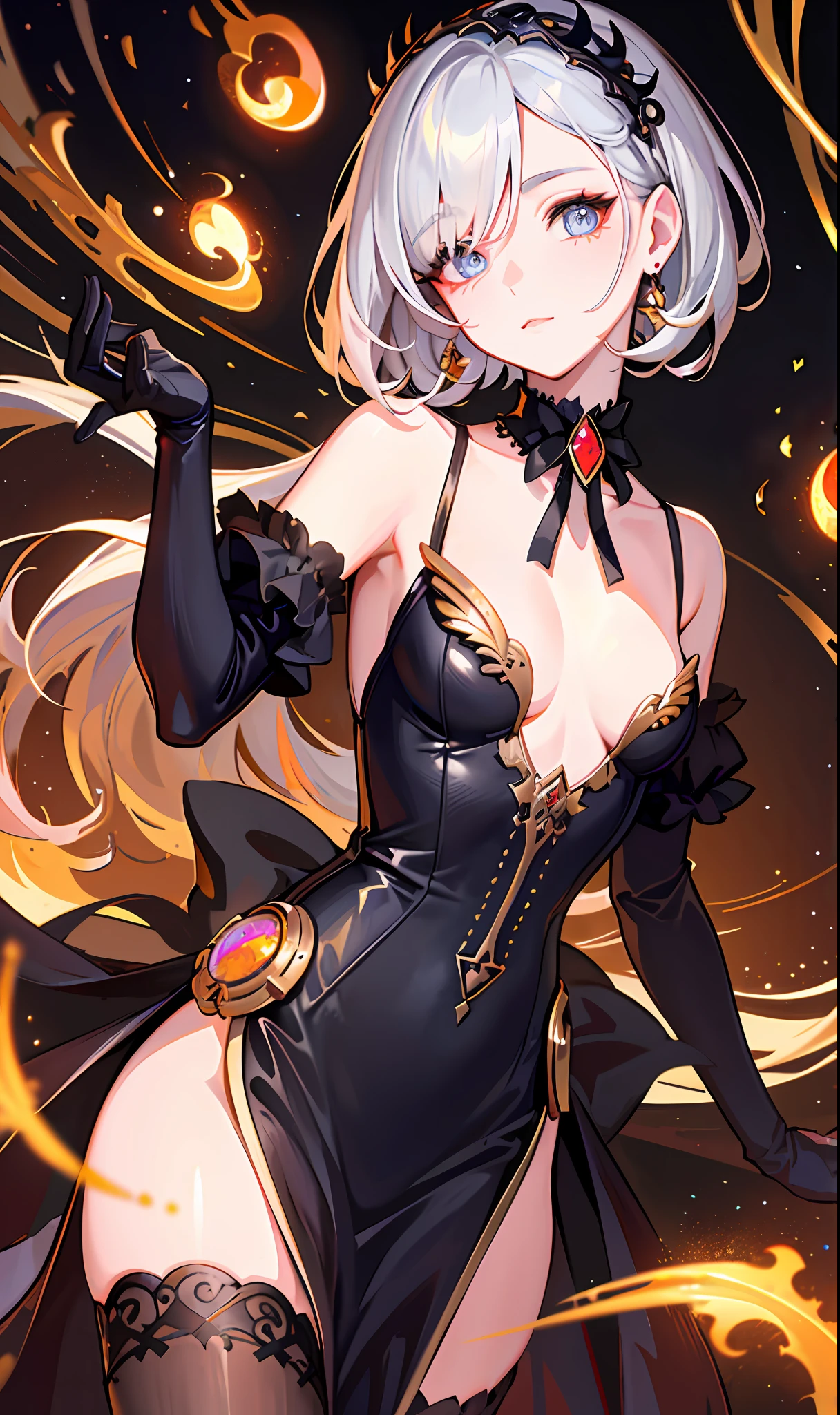 (Masterpiece, Sidelighting, Finely Detailed Beautiful Eyes: 1.2), (Masterpiece*Portrait), Portrait, (Bust), Realistic, 3D Face, Lusious Skin, ((Solo)), (Close-up of Face), (Fire Opal-like Eyes), (One-Eyed Girl with Only One Eye)), Hanging Eye Corner, ((high detail skin, visible pores)), (perfect body), a beautiful steampunk girl, small breasts, ((gothic style dress)), (neck ring), (short gloves as short as half a palm)