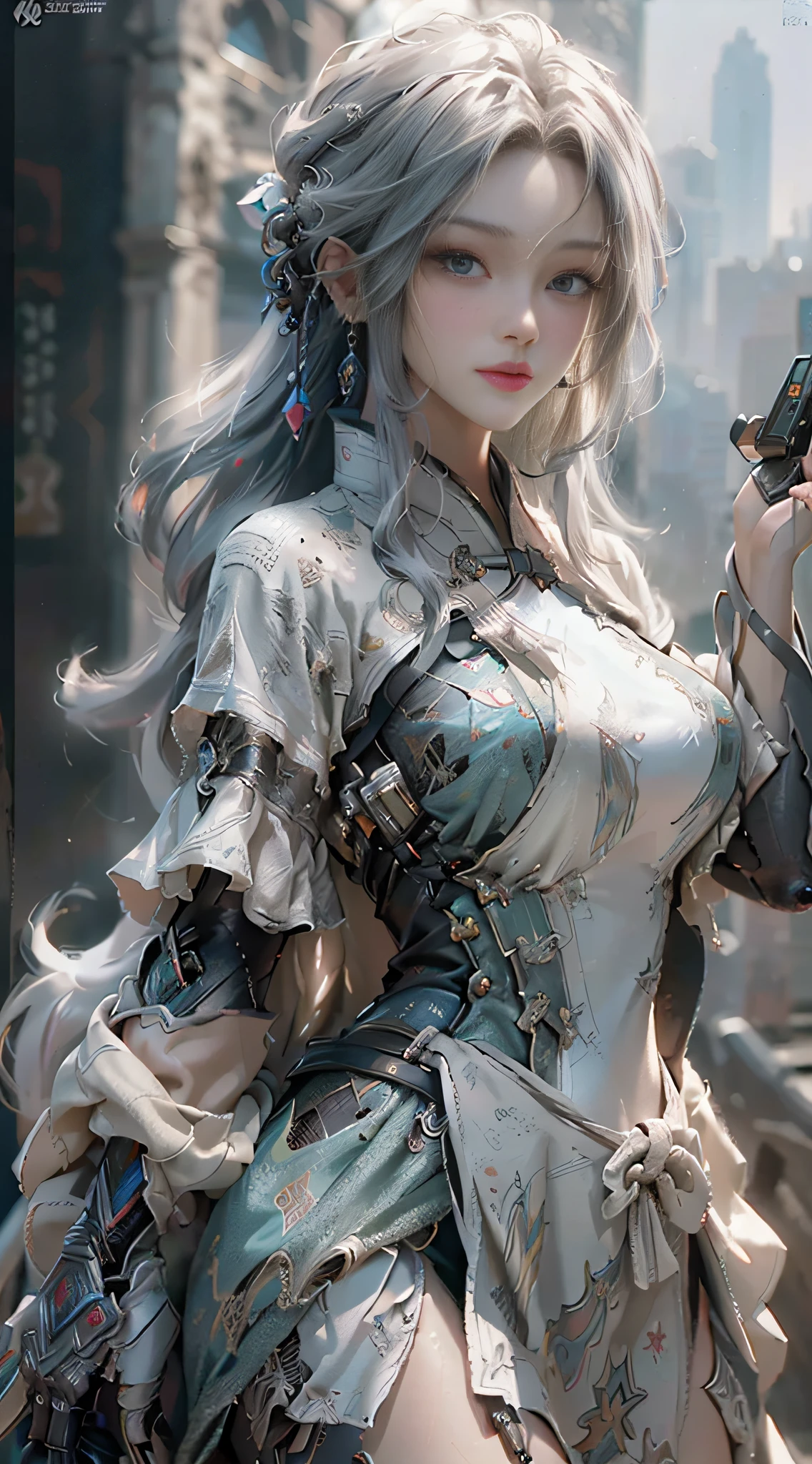 ((Best Quality)), ((Masterpiece)), (Detail: 1.4), 3D, A Beautiful Cyberpunk Female Figure, HDR (High Dynamic Range), Ancient Chinese Clothing, Satin, Clean and Neat Clothes, Ray Tracing, NVIDIA RTX, Super-Resolution, Unreal 5, Subsurface Scattering, PBR Texture, Post-processing, Anisotropic Filtering, Depth of Field, Maximum Sharpness and Sharpness, Albedo and Highlight Maps, Surface Shading, Accurate simulation of light-material interactions, Perfect Proportions, Octane Render, Bicolor Light, Large Aperture, Low ISO, White Balance, Rule of Thirds, 8K RAW, Finger Detailing, Delicate Facial Features, Focus on the Face