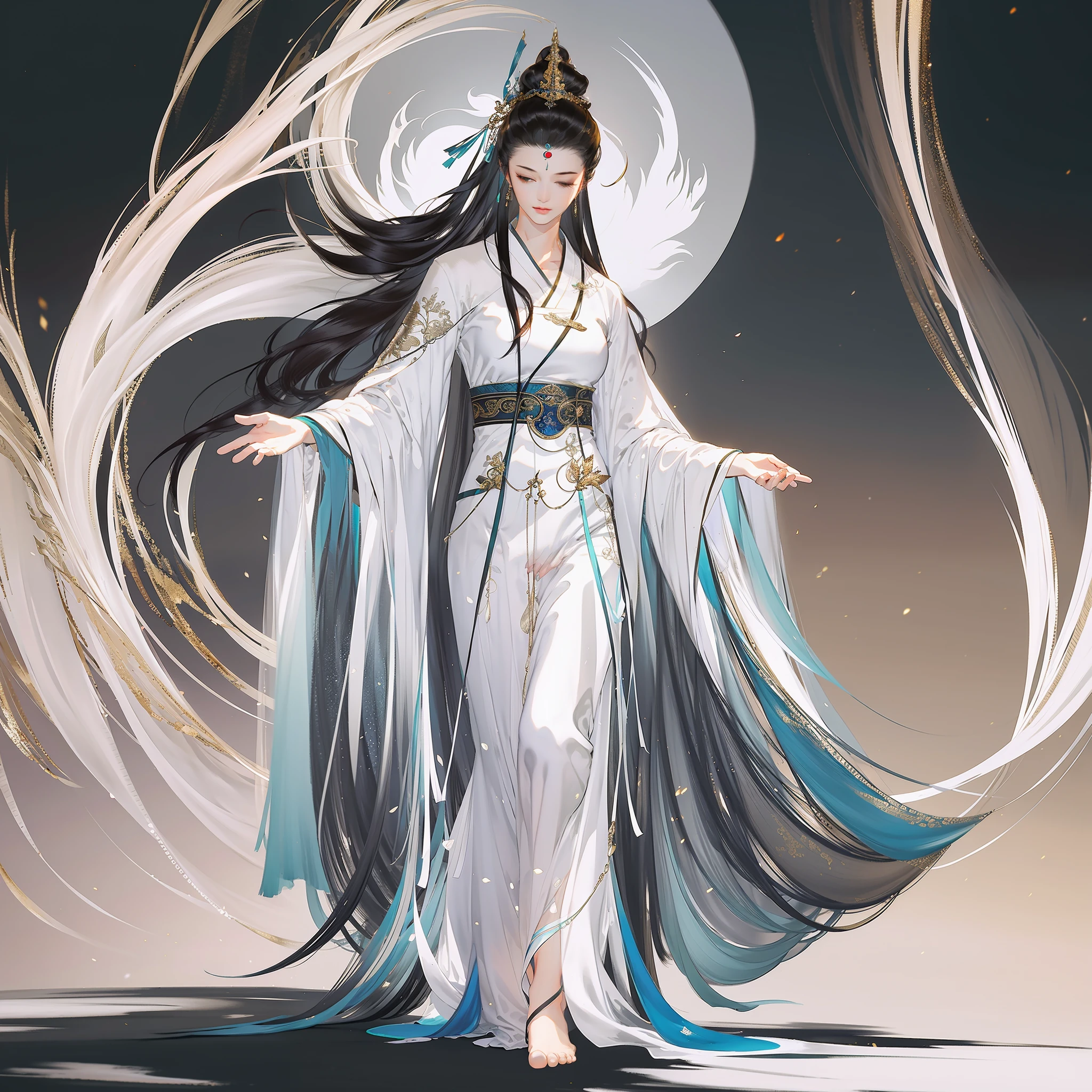 An ancient Chinese girl, full body, barefoot, eyes closed, red mole on the eyebrows, amazing facial features, (crown veil), Buddha light, flowing white hanfu, pure white, game model, stunning lighting, C4D, OC renderer, pure black background, movie edge light, fine light, masterpiece, super detailed, epic composition, super HD, high quality, highest quality, 32k