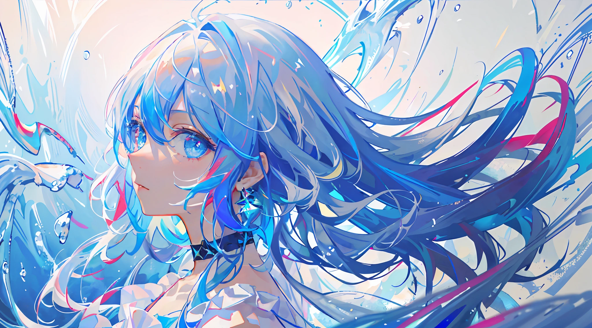 8k wallpaper, masterpiece,Cinematic Lighting, best quality,Illustration,dramatic angle, ((colorful:1.1)), ((colored inner hair:1.4)),
1girl, solo, long hair, water, blue eyes, choker, parted lips, white choker, liquid hair, white hair, bangs, from side, profile, upper body, blue hair, simple background, grey background, bare shoulders, portrait, looking at viewer, white dress, hair between eyes, multicolored hair, white background,earrings,