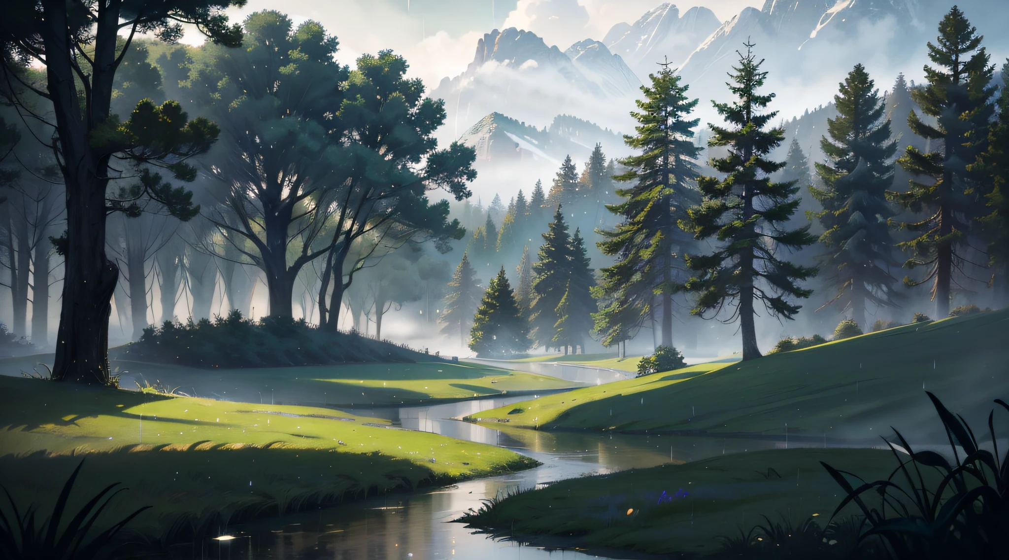 Wallpaper, light rain, tender grass, earth, green mountains, white clouds, smoke and rain, HD details, wet watermark, hyper-detail, cinematic, surrealism, soft light, deep field focus bokeh, ray tracing, diffusion (ultra-fine glass reflections) and surrealism. --v6