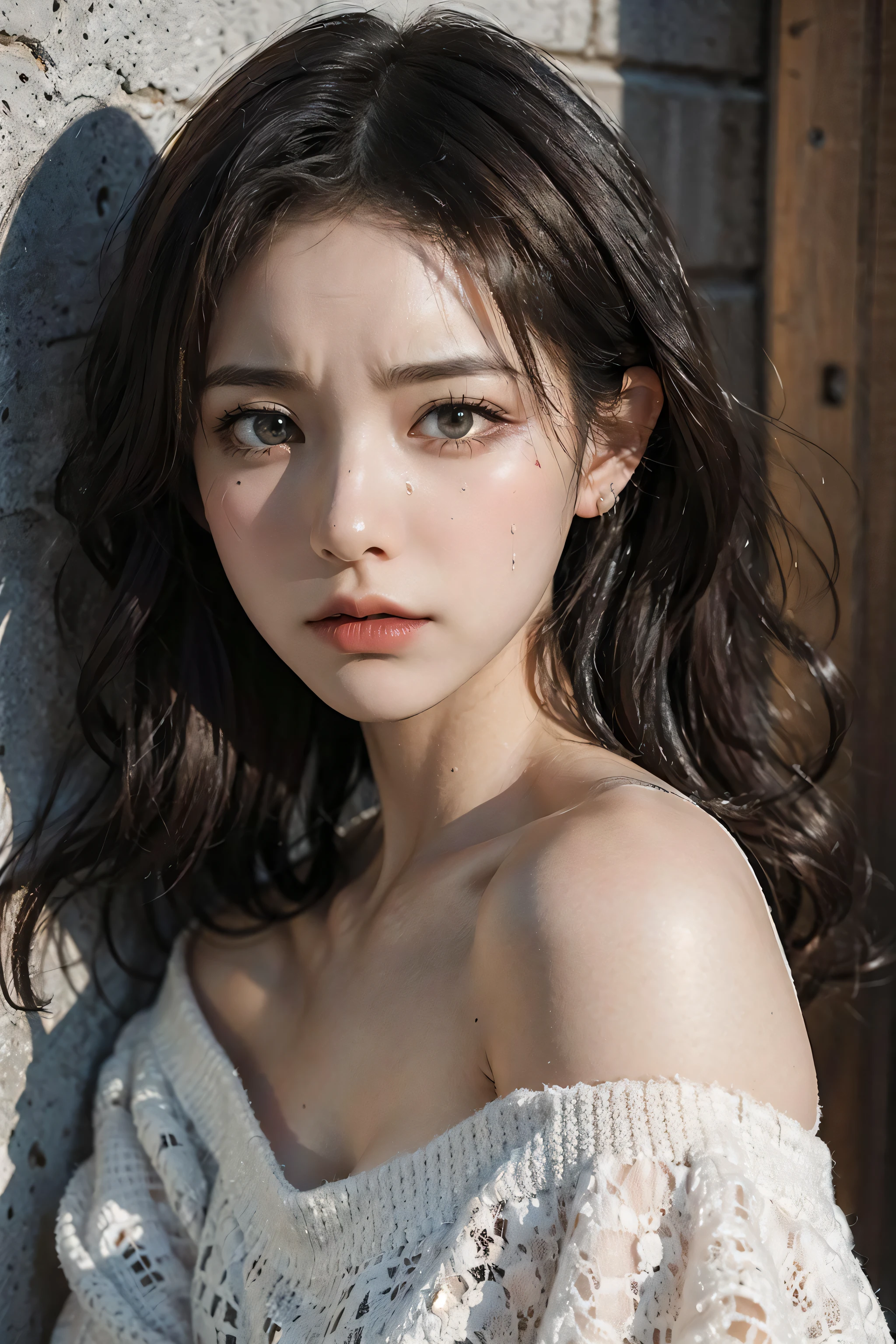 Best quality,masterpiece,ultra high res,(photorealistic:1.4),raw photo,(Authentic skin texture:1.3),(film grain:1.3),panorama,character portrait,very wide shot,narrow waist,cowboy shot,(in the dark, deep shadow, low key, cold light,) night,close-up,streaming tears,
indoor,dust,Tyndall effect,sad,disappointed,gloom (expression),sitting,(against wall),crying,frown,(head bowed),nervous,tearing up,lonely,
1girl,beautiful detailed eyes and face,white jabot,off shoulder,brown eyes,