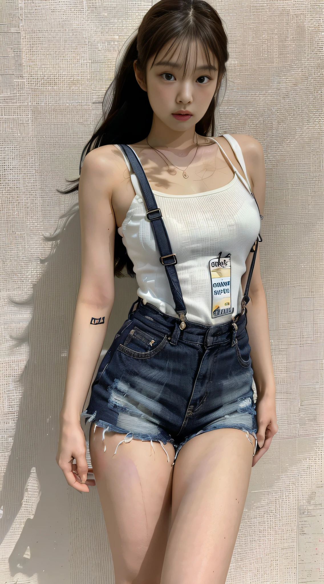 (1girl:1.3), Solo, __body-parts__, Kim Ji-ni Jennie Face, Korean style photo photo, photography lighting, suspenders, shorts, strong contrast, sun on the face, world-weary face, high-end sense, cold eyes, feminine, cement gray background, 8k resolution image, intricate symmetry details. The whole picture goes forward, mainly a woman standing all over her body, with smooth movements and a complete picture.