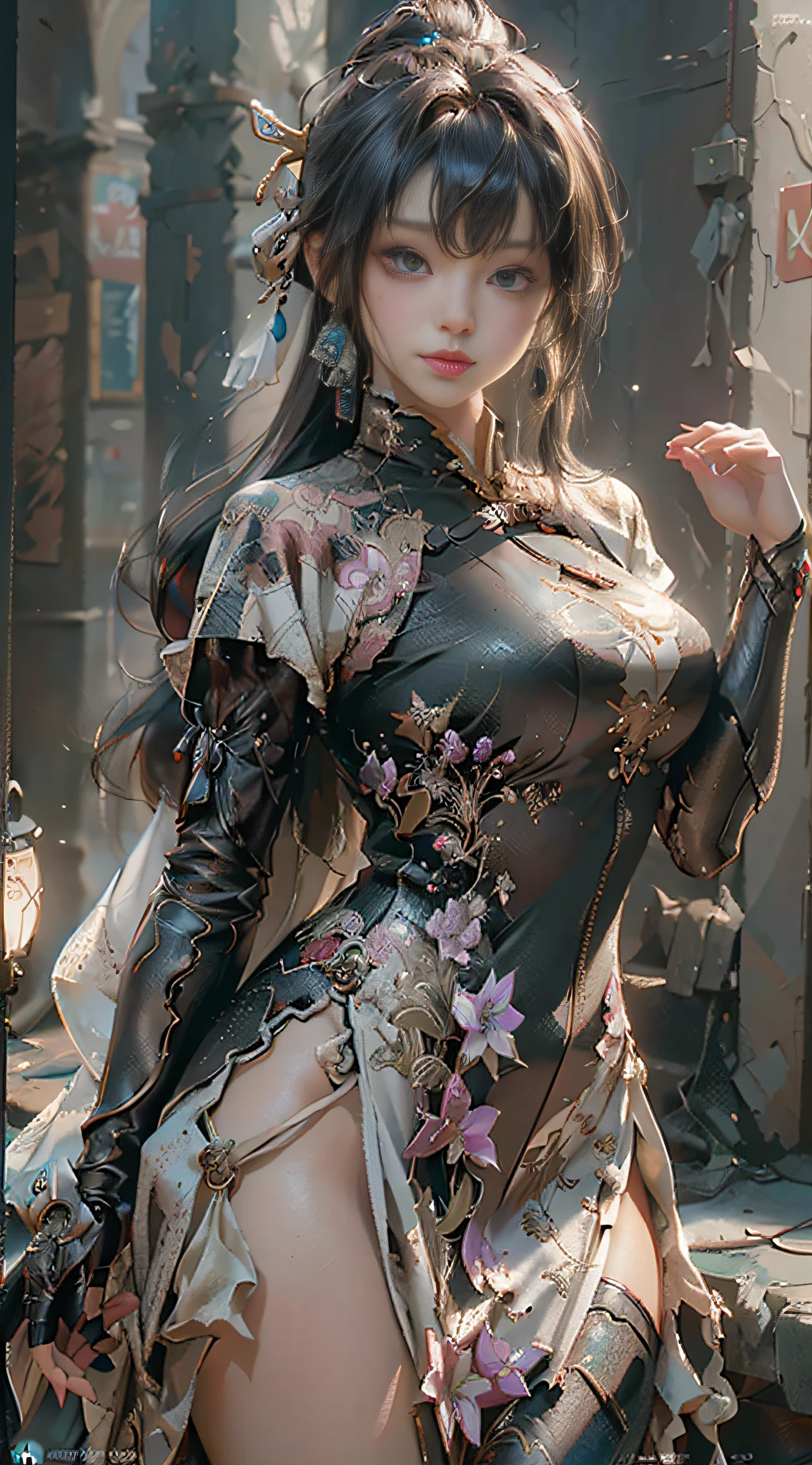 (Best Quality), (Masterpiece), (Detail: 1.4), 3D, A Beautiful Cyberpunk Female Figure, HDR (High Dynamic Range), Ancient Chinese Costumes, Satin Clothing, Ray Tracing, NVIDIA RTX, Super-Resolution, Unreal 5, Subsurface Scattering, PBR Textures, Post-processing, Anisotropic Filtering, Depth of Field, Maximum Sharpness and Sharpness, Multi-layer Textures, Albedo and Highlight Maps, Surface Shading, Accurate simulation of light-material interactions, Perfect Proportions, Octane Render, Bicolor Light, Large Aperture, Low ISO, White Balance, Rule of Thirds, 8K RAW,