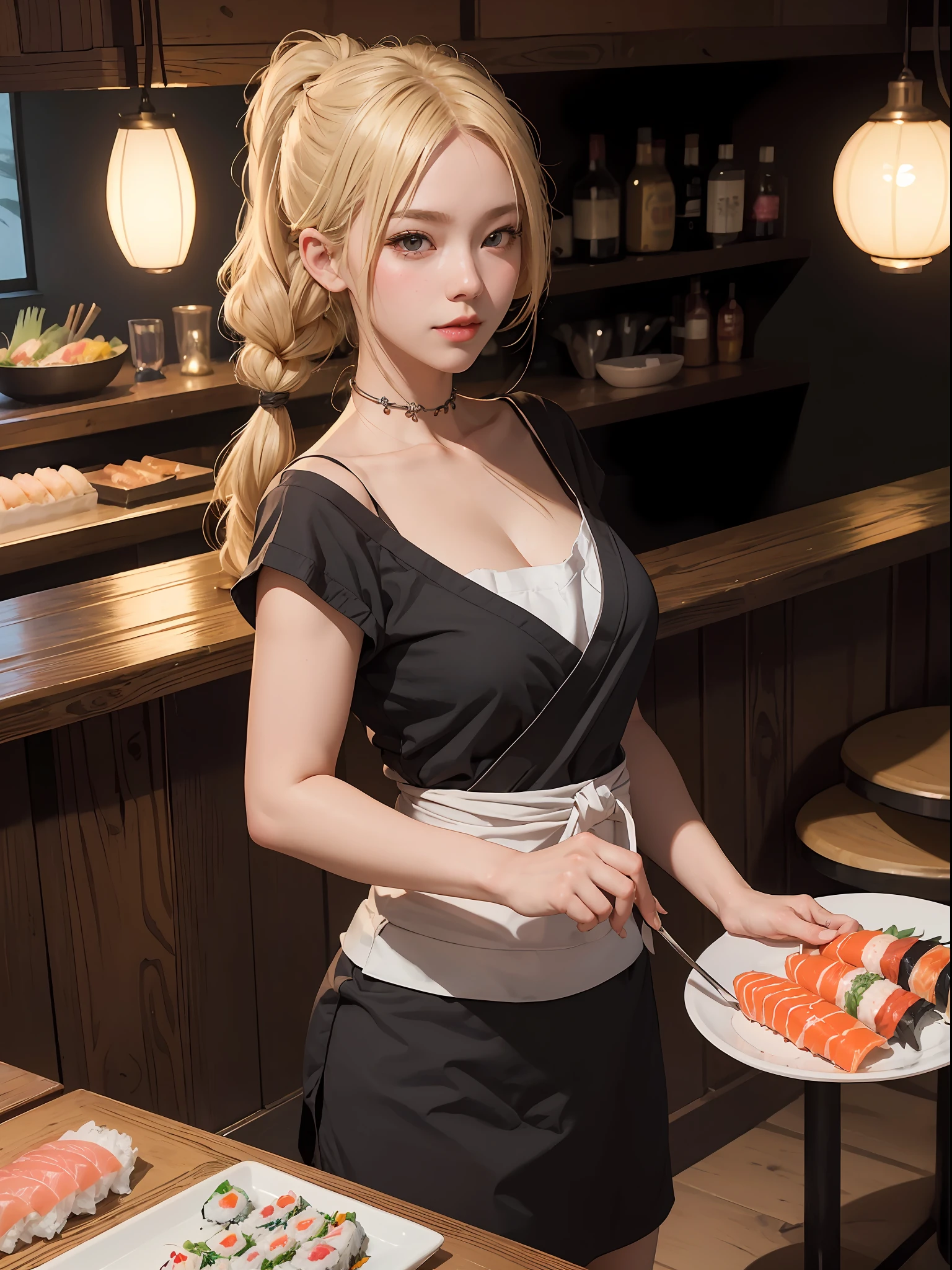 best quality, ultra-detailed, (high resolution), extremely detailed cg, anime screencap, unity 8k wallpaper, pov ,heaping fish, dark sushi master, dark sushi in plates , dark sushi bar, chef, cruise kitchen, buccaneer, floral blouse, cute girl, dynamic lighting (human:1),(voluptuous, well-endowed, Solo),(1lady, cook),sushi chef, 22 years old, blonde hair, short braids, (idolmasters), bar, cold smile ,intake, collarbone, cooking, epic, pin up art, collarbones,  (short_sleeves), cooking, epic, Charles Dana Gibson, multiple focus