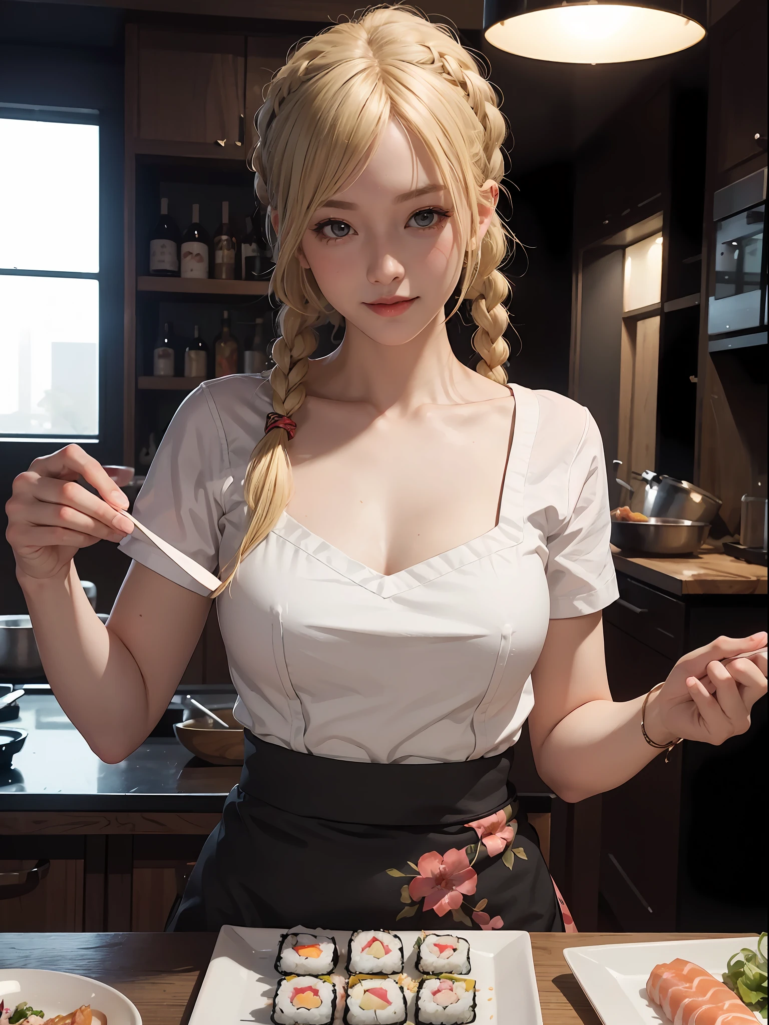 best quality, ultra-detailed, (high resolution), extremely detailed cg, anime screencap, unity 8k wallpaper, pov ,heaping fish, dark sushi master, dark sushi in plates , dark sushi bar, chef, cruise kitchen, buccaneer, floral blouse, cute girl, dynamic lighting (human:1),(voluptuous, well-endowed, Solo),(1lady, cook),sushi chef, 22 years old, blonde hair, short braids, (idolmasters), bar, cold smile ,intake, collarbone, cooking, epic, pin up art, collarbones, (short_sleeves), cooking, epic, Charles Dana Gibson, multiple focus