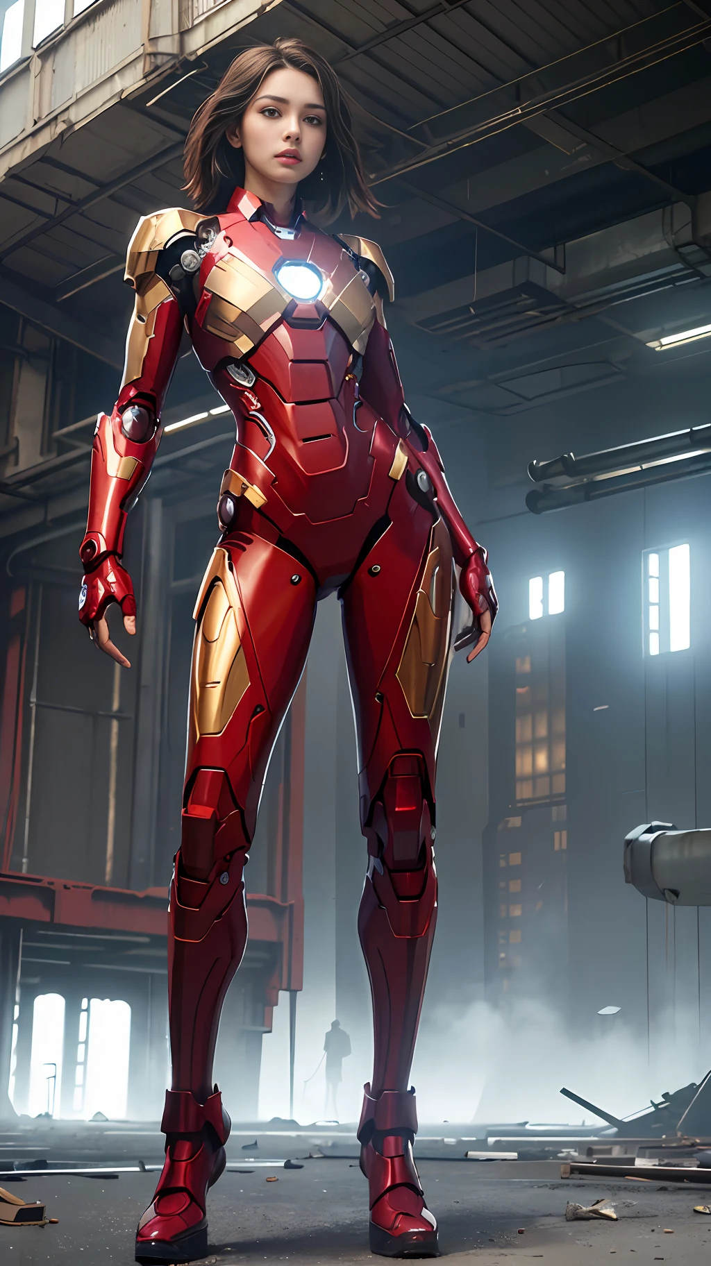 RAW, Masterpiece, Ultra Fine Photo,, Best Quality, Ultra High Resolution, Photorealistic, Sunlight, Full Body Portrait, Stunningly Beautiful,, Dynamic Poses, Delicate Face, Vibrant Eyes, (Side View) , she is wearing a futuristic Iron Man mech, red and gold color scheme, highly detailed abandoned warehouse background, detailed face, detailed and complex busy background, messy, gorgeous, milky white, high detailed skin, realistic skin details, visible pores , sharp focus, volumetric fog, 8k uhd, dslr camera, high quality, film grain, fair skin, photorealism, lomography, sprawling metropolis in futuristic dystopia, view from below, translucent
