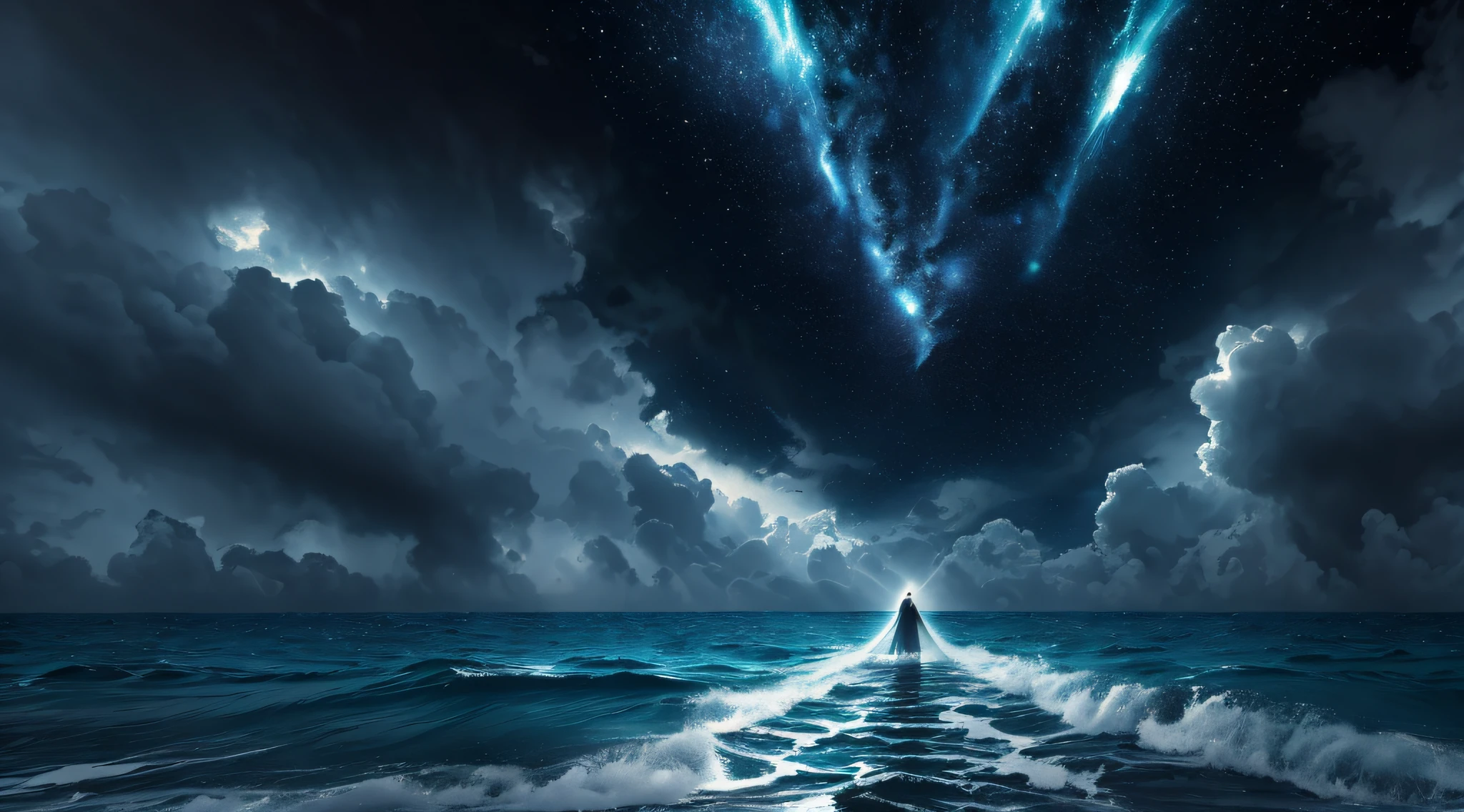 jesus walking on water in a storm, masterpiece, best quality, high quality, extremely detailed CG unit 8k wallpaper, award winning photography, Bokeh, Depth of Field, HDR, bloom, Chromatic aberration, photorealistic, extremely detailed, trending on artstation, trending on CGsociety, intricate, high detail, dramatic, mid-journey art, volumetric lighting --auto --s2