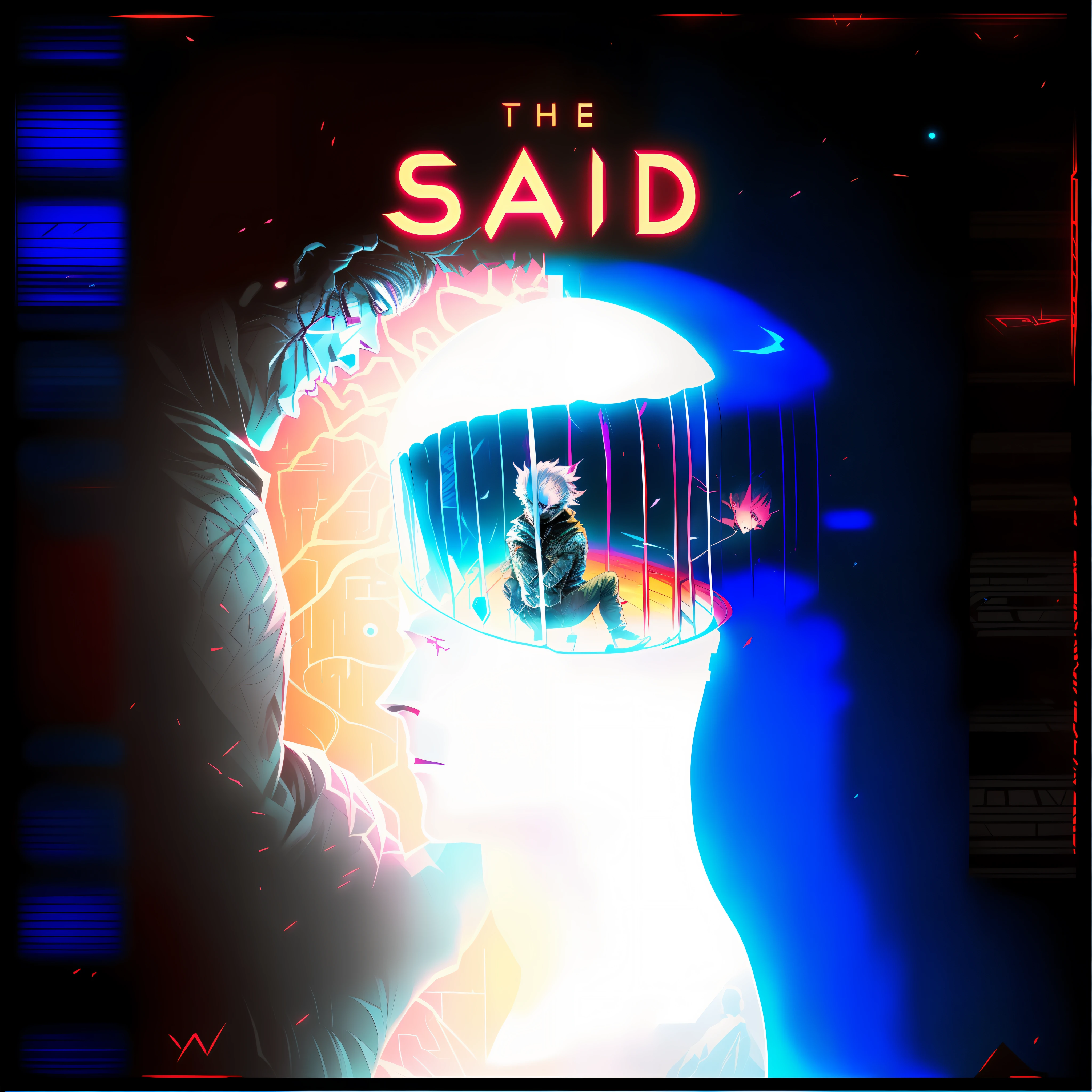 there is a poster of a man inside a cage with a man inside, the (void, sad, sao, by Shaddy Safadi, cover art, official fanart, i said, saw, the bad, promo image, front cover of a new video game, by Slava Raškaj, paid artwork, the void, intricate heterochromatic sad, official artwork