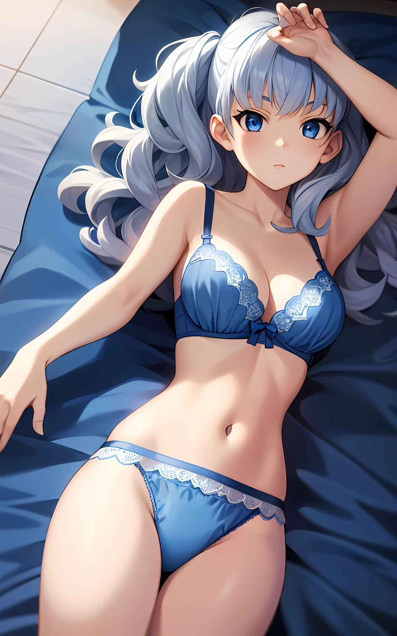 girl, solo, silver, blue eyes, wavy hair, underwear, lying in bed at night, blue and white panties, blue and white bra