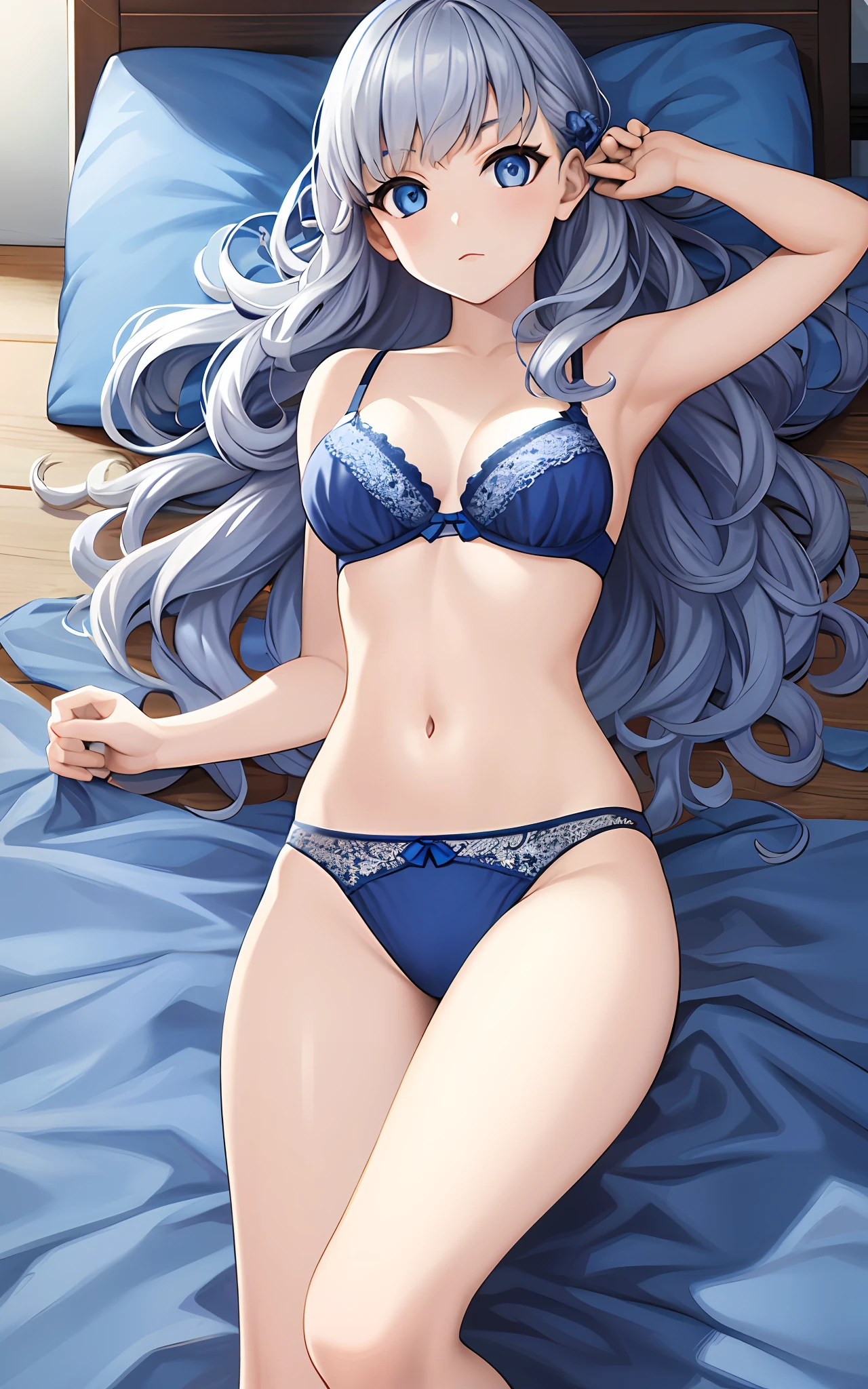 girl, solo, silver, blue eyes, wavy hair, underwear, lying in bed at night, blue and white panties, blue and white bra
