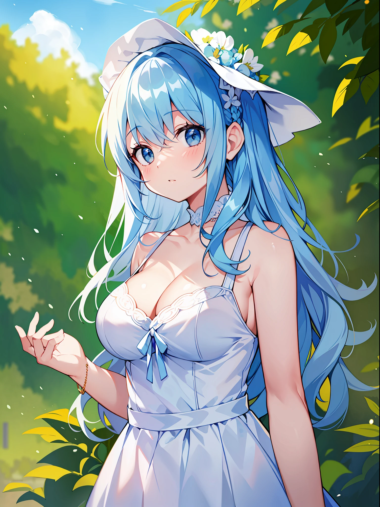 Masterpiece, Top Quality, One Girl, Lori with Pale Light Blue Hair, White Dress, Sleeveless, Cleavage, Blue Sky and Meadow