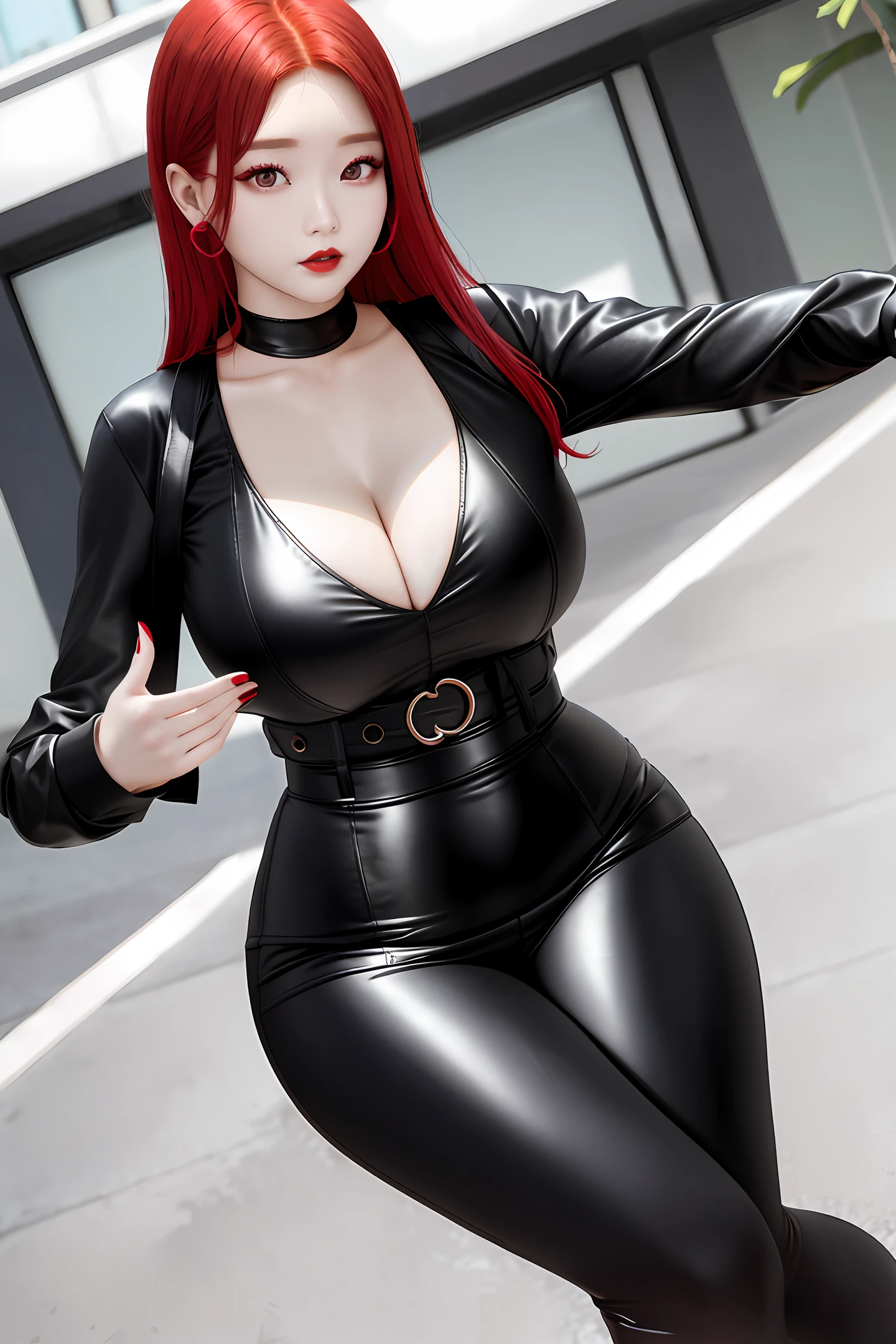 araffe woman with red hair posing in a black outfit, korean girl, gorgeous young korean woman, korean woman, wearing black tight clothing, beautiful south korean woman, bbwchan, tight attire, with red hair, sun yunjoo, tight outfit, asian girl, thicc, red haired goddess, very sexy outfit, open v chest clothes