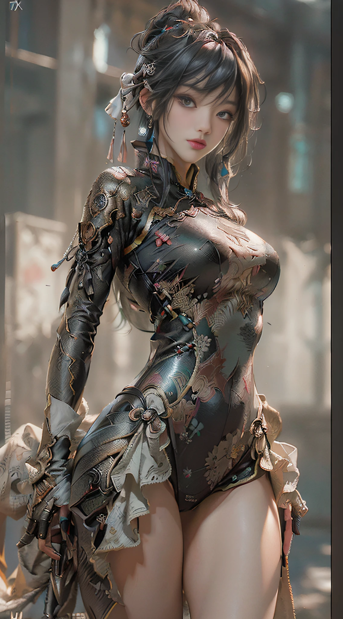 (Best Quality), ((Masterpiece), (Detail: 1.4), 3D, A Beautiful Cyberpunk Female Figure, HDR (High Dynamic Range), Ancient Chinese Costumes, Satin Costumes, Sexy Cheongsam, Ray Tracing, NVIDIA RTX, Super-Resolution, Unreal 5, Subsurface Scattering, PBR Texture, Post Processing, Anisotropic Filtering, Depth of Field, Maximum Sharpness and Sharpness, Multi-layer Textures, Albedo and Highlight Maps, Surface Coloring, Accurate Simulation of Light-Material Interactions, Perfect Proportions, Octane Render, Two-color Light, Large Aperture, Low ISO, White Balance, Rule of Thirds, 8K RAW,