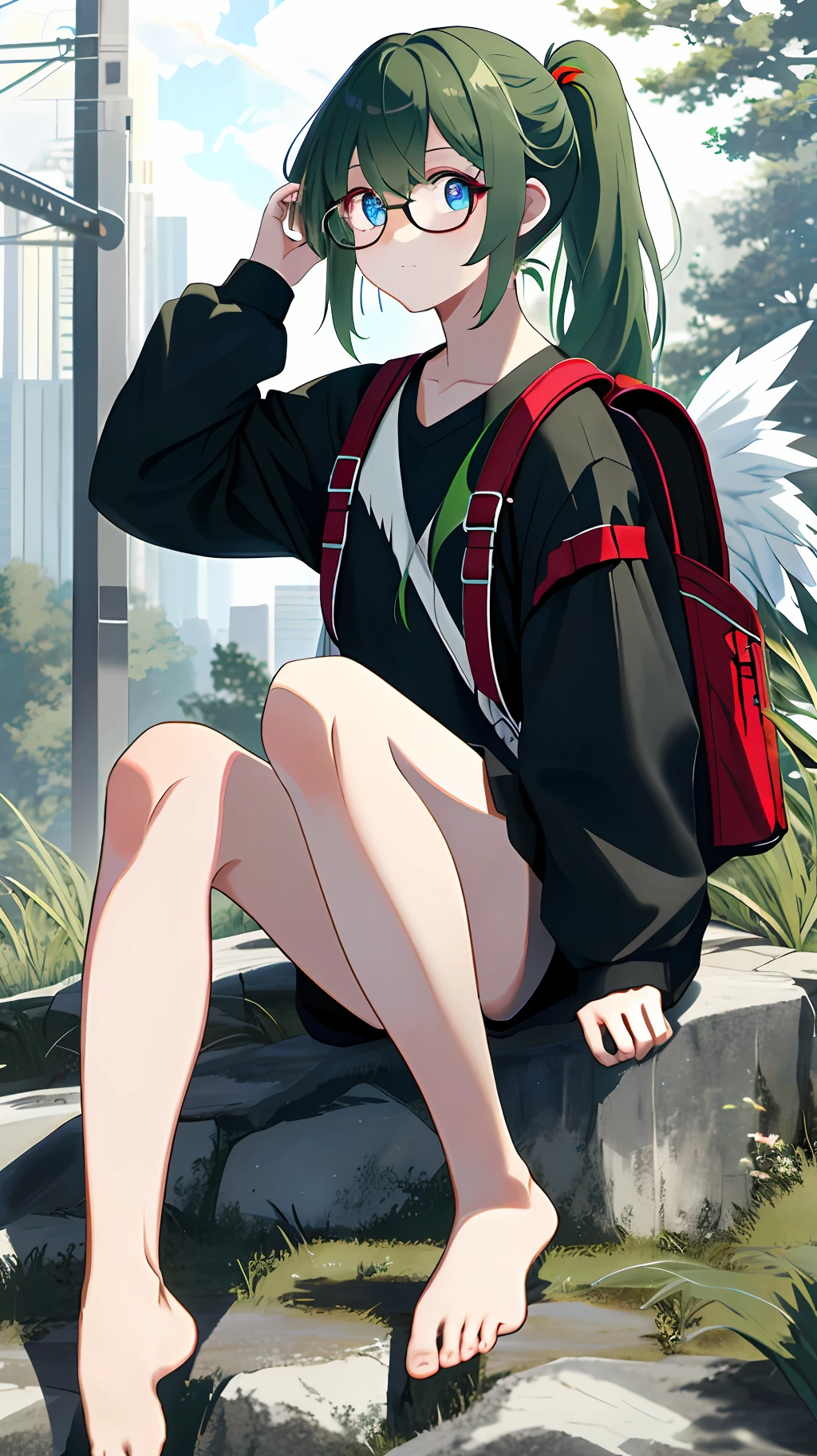 (8k, best quality, masterpiece: 1, 2), top quality, masterpiece, no clothes, glasses, green hair, long hair, bangs, big ponytail, heterochromic pupil, blue pupil of left eye, red pupil of right eye, blue eye of left eye, red red eye of right eye, angel wings, head ring, white head flower, casual wear, black backpack strap, neck strap, bare foot, bare foot, single, ankle ring, leg ring, flat chest, tomboy, exposed, edge rubbing, leaky flesh, dew point,