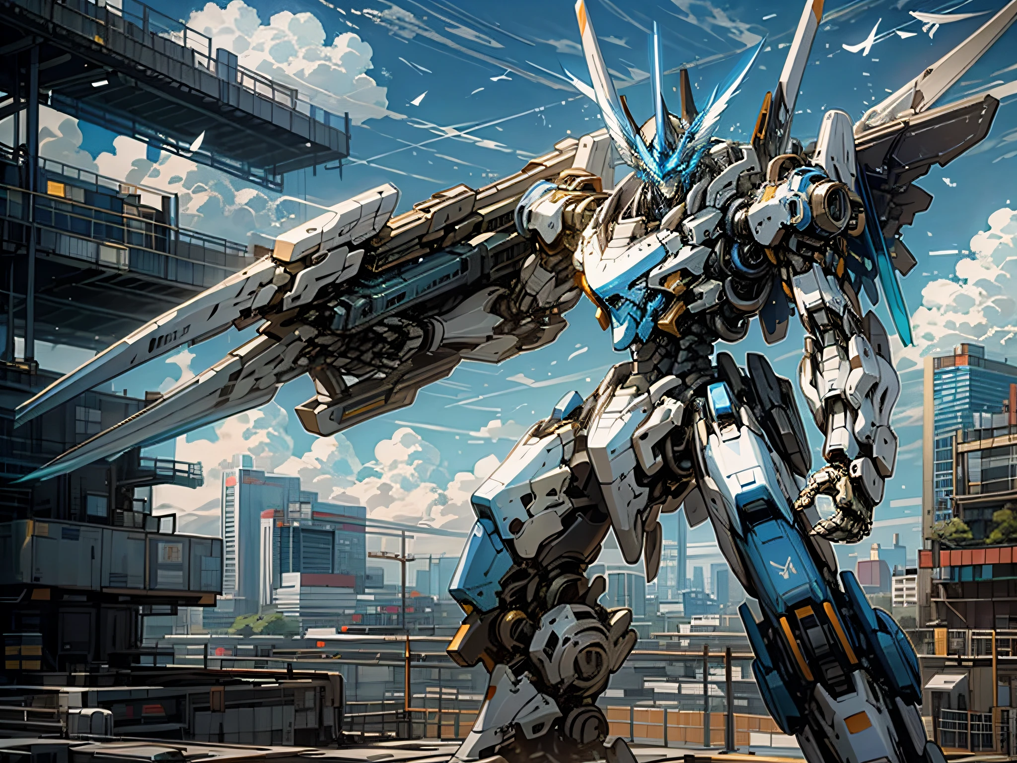 (bluer sky), (more exaggerated cool mechanical wings), outstanding, full of detail, highest quality