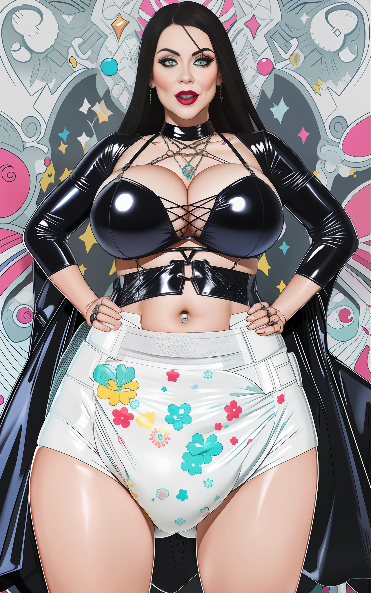 Sexy busty woman wearing (big diaper) magical, colorful, detailed, surprised, happpy, huge inflated breasts, wide hips, seductive, ((mommydom)), bokeh, (latex), cleavage, fishnets, goth