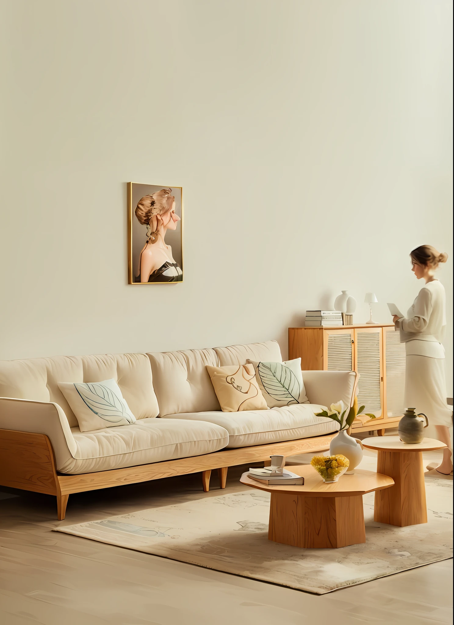 There is a woman walking in the living room with a sofa, in the living room, in the large living room, in the living room, warm furniture, cream room, designed for comfortable aesthetics!