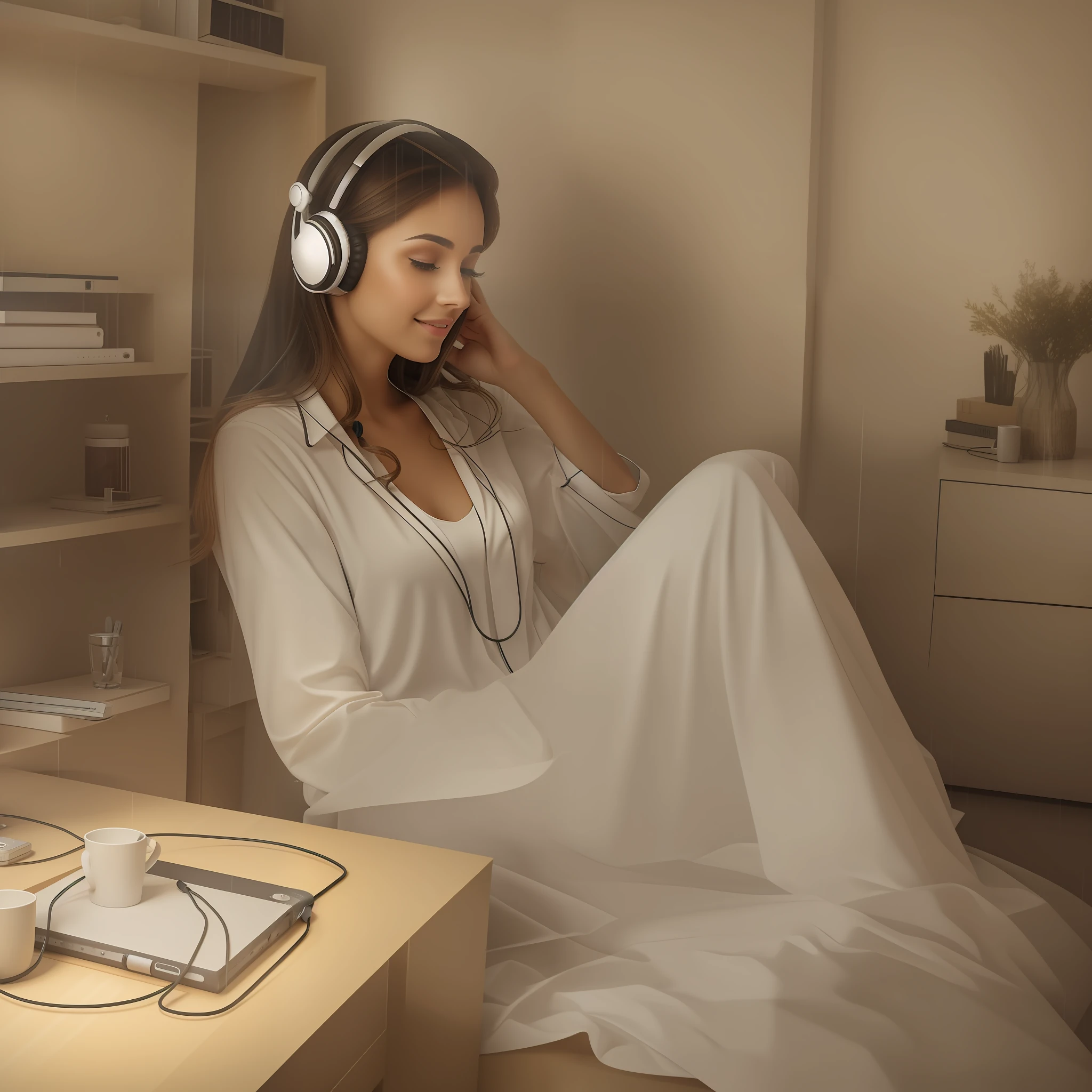 Beautiful woman in her room on a rainy day in front of the computer and with headset. relaxing image --auto --s2